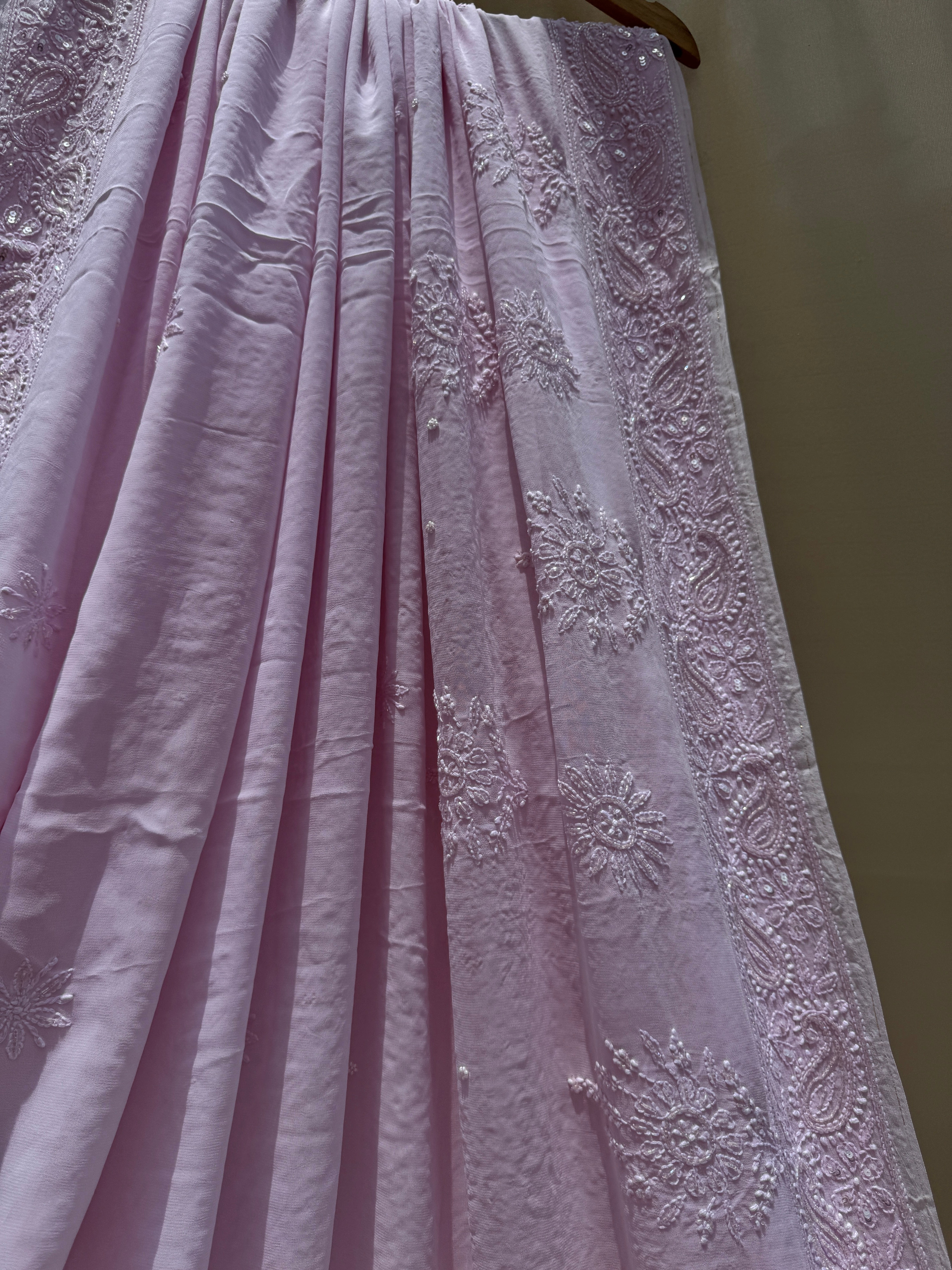 Viscose Pink Chikankari saree with Pearl embellishments ARIAA CHIKANKARI 