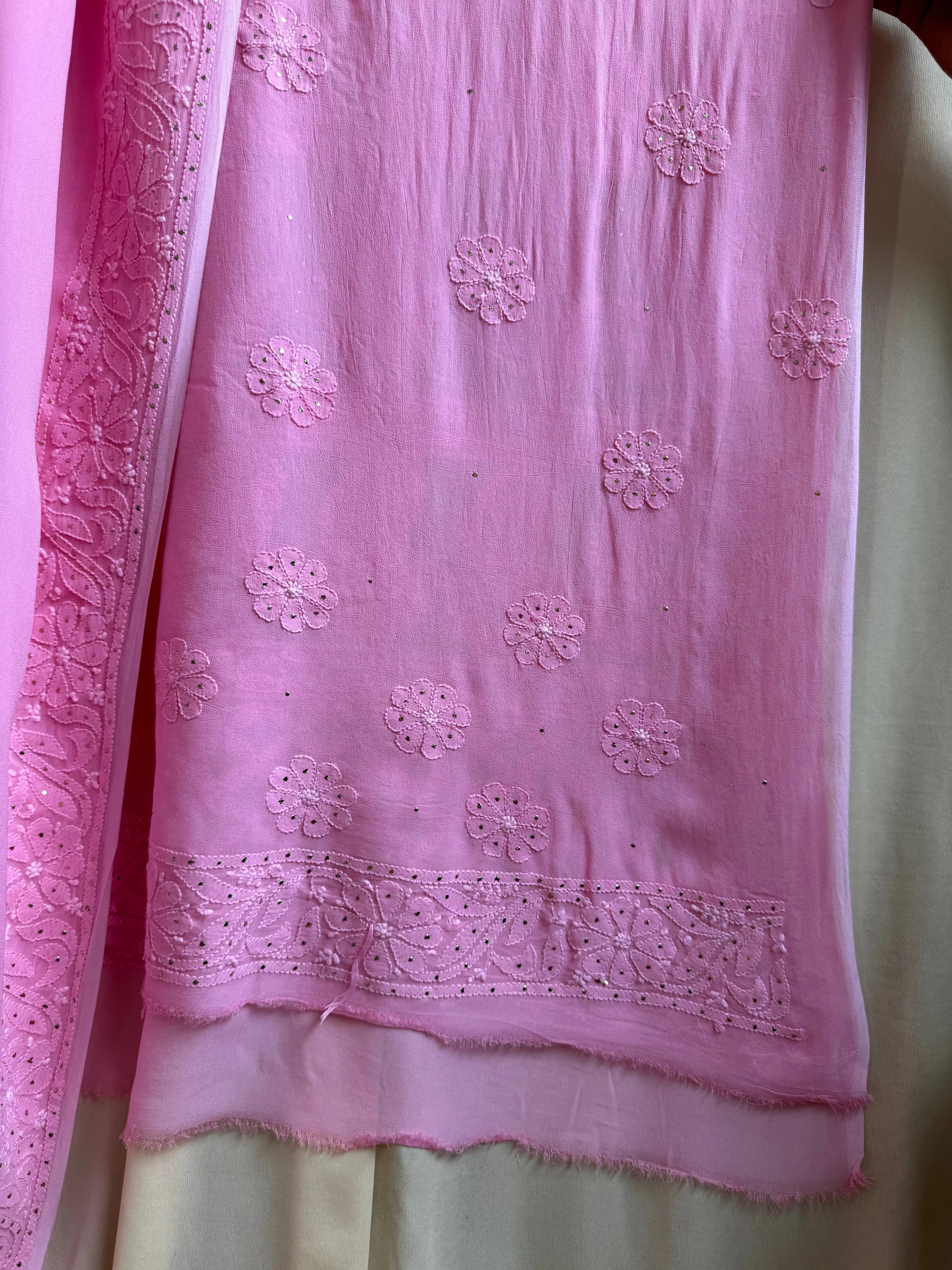 Viscose Dark Pink Chikankari saree with Mukaish Work - ARIAA CHIKANKARI