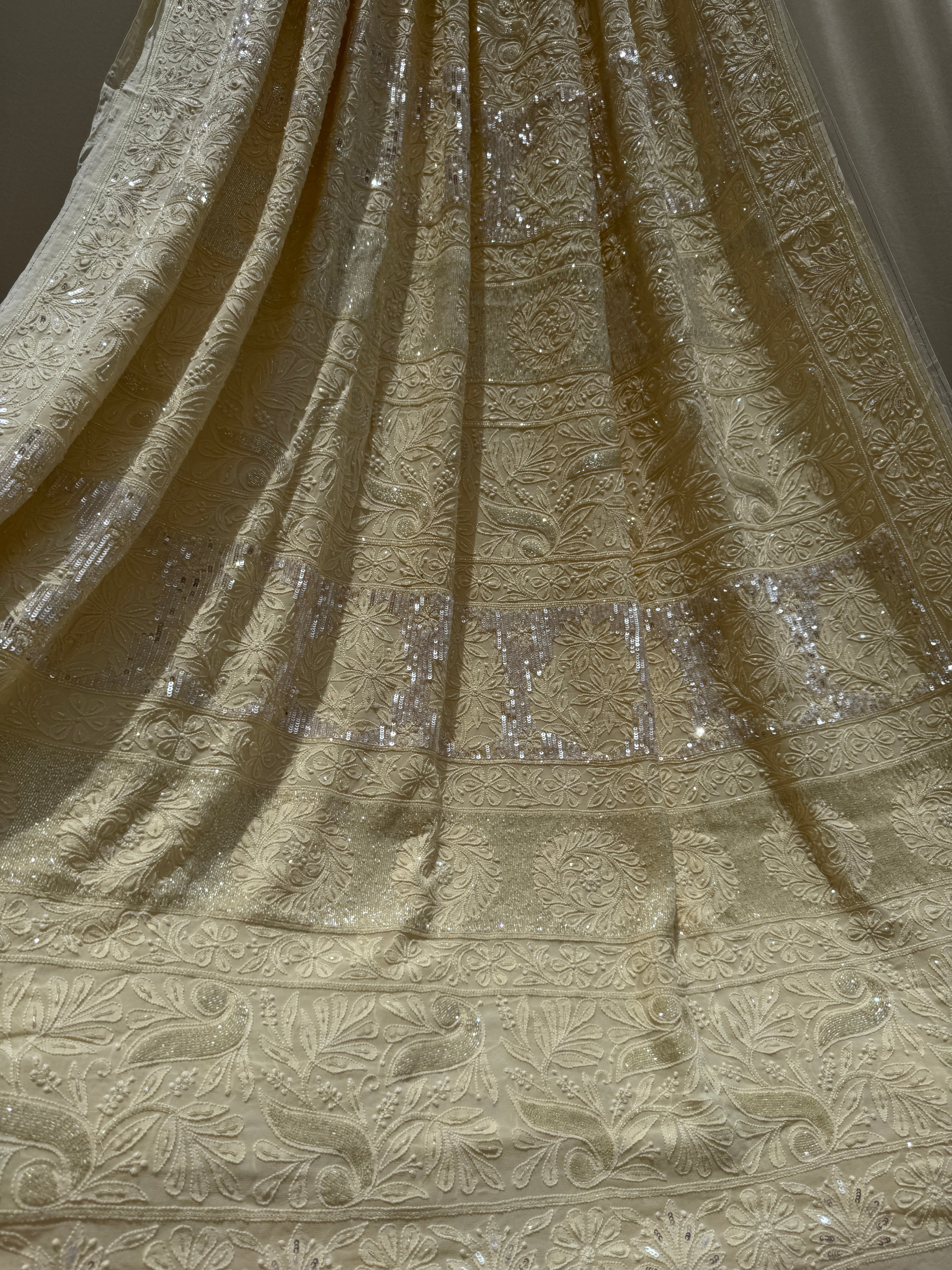 Viscose Cream Yellow Chikankari saree with Pearl embellishments ARIAA CHIKANKARI 