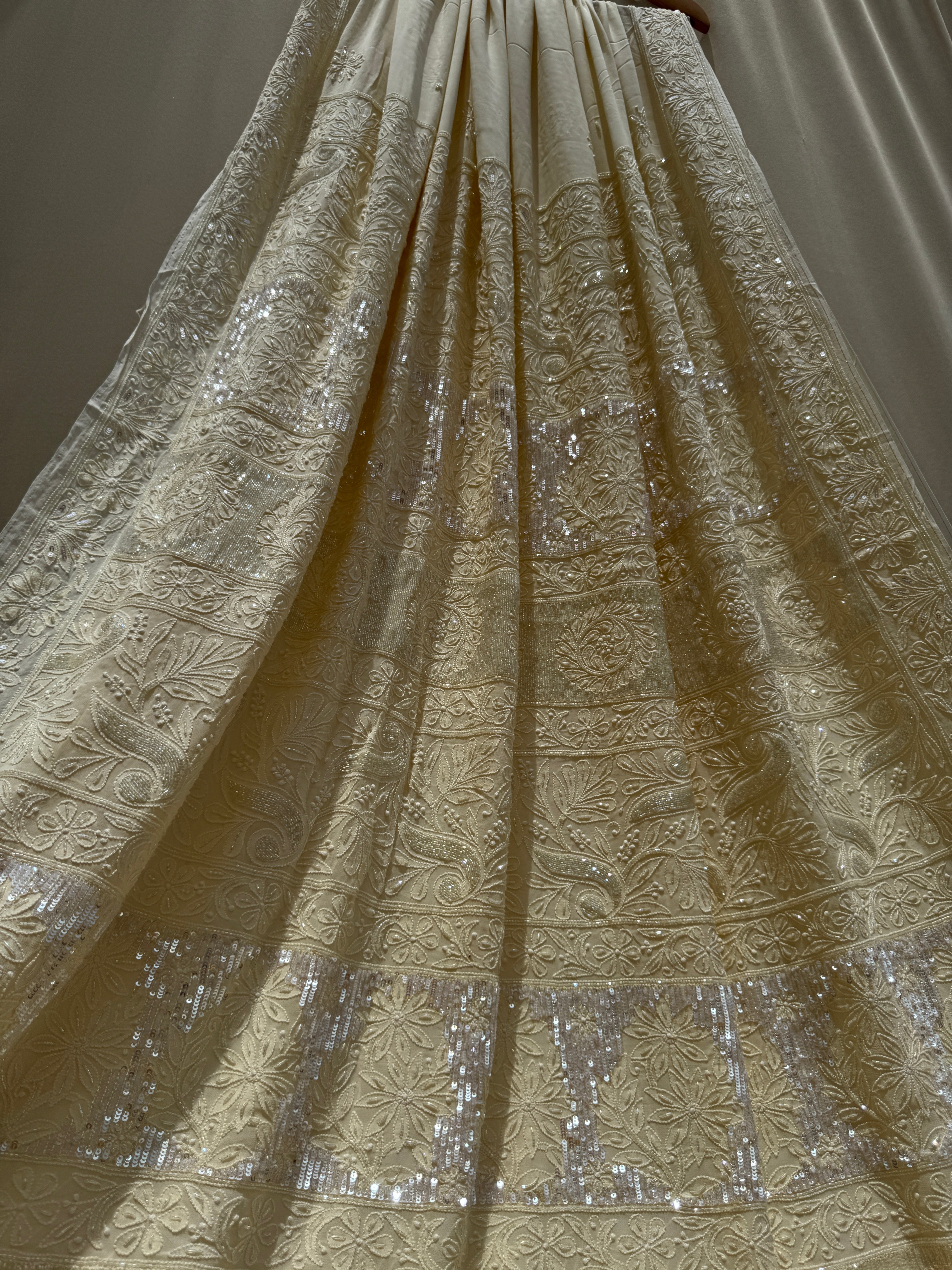 Viscose Cream Yellow Chikankari saree with Pearl embellishments ARIAA CHIKANKARI 