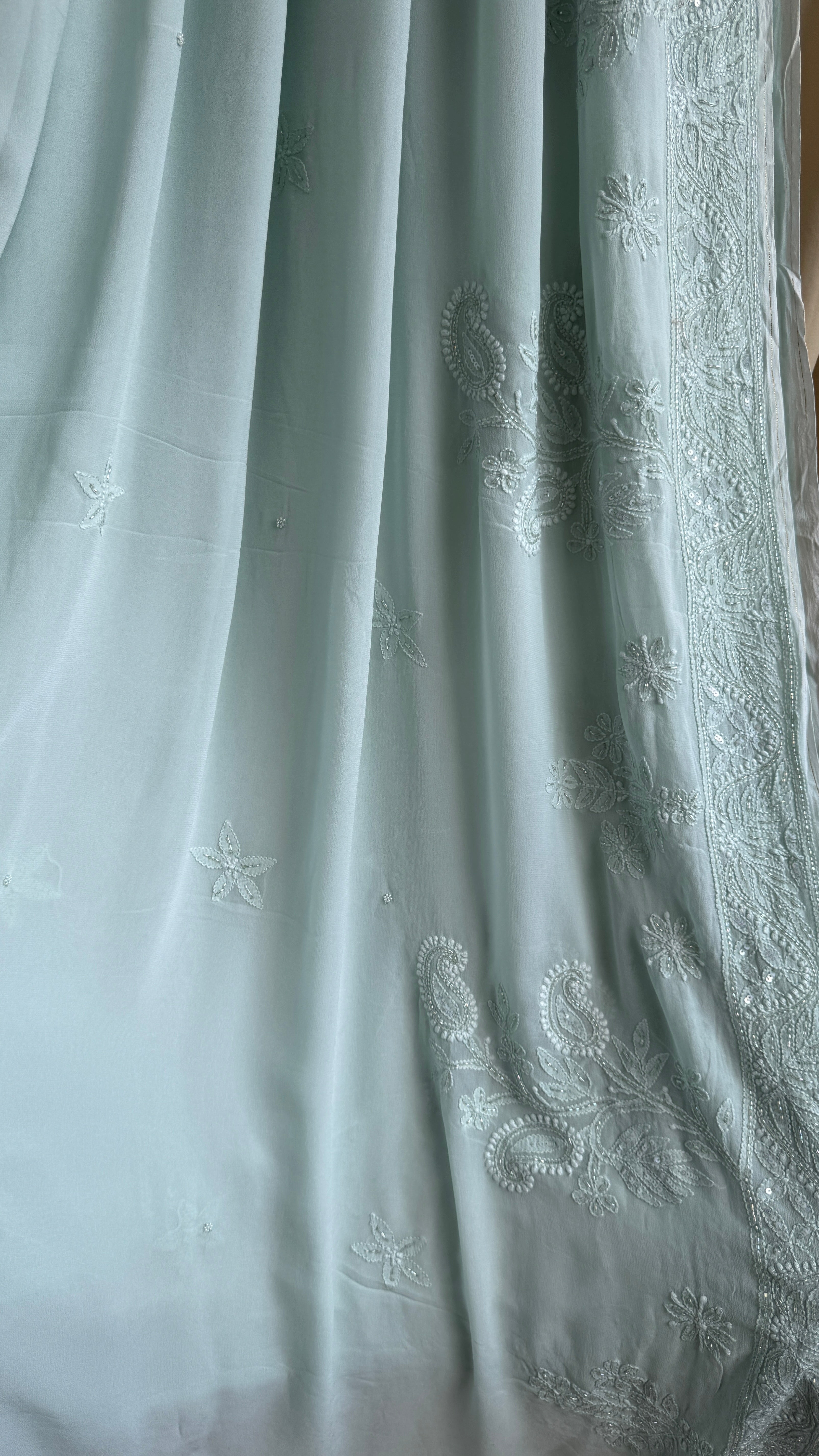 Viscose Chikankari saree with Pearl embellishments - Green