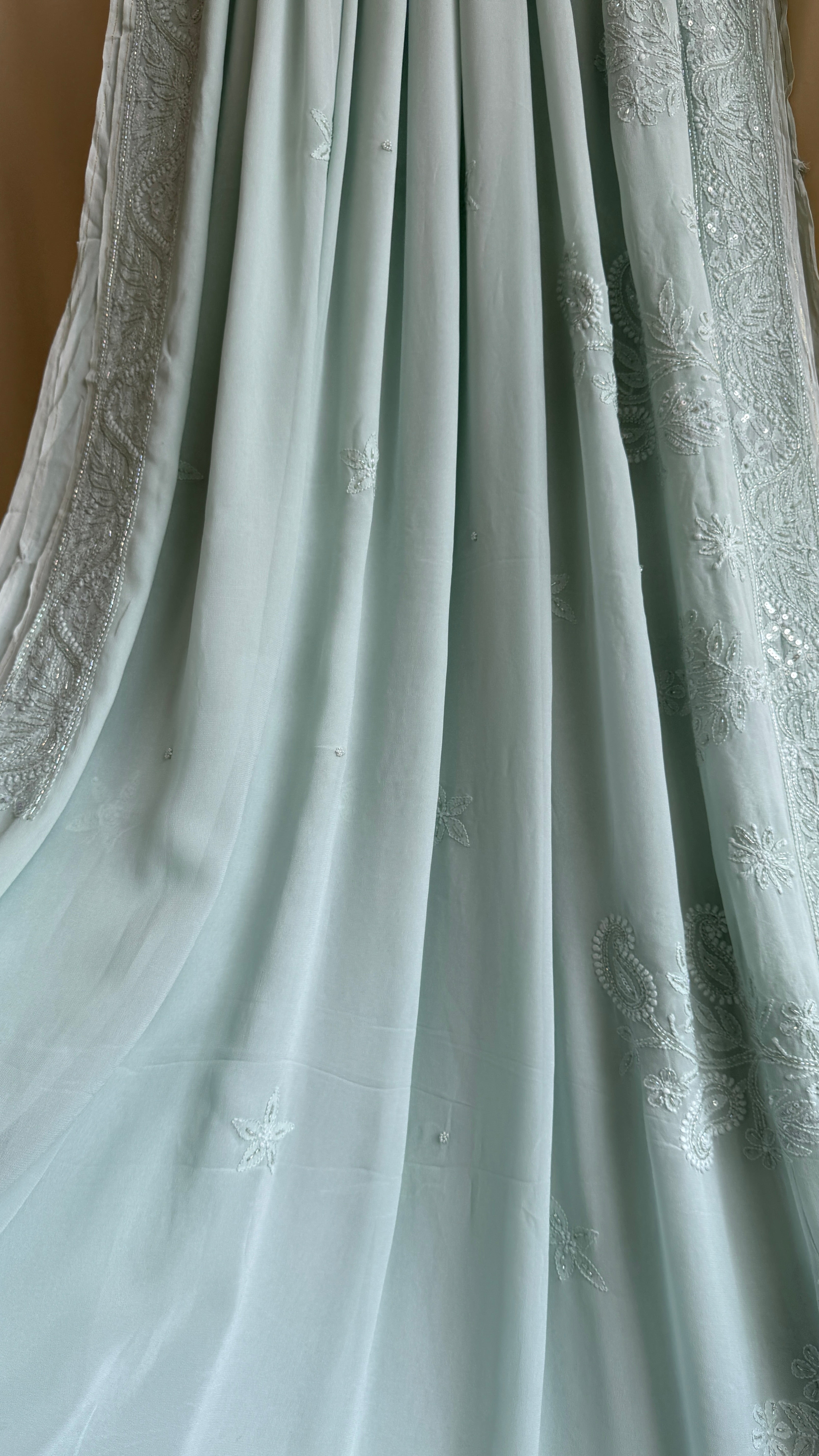 Viscose Chikankari saree with Pearl embellishments - Green