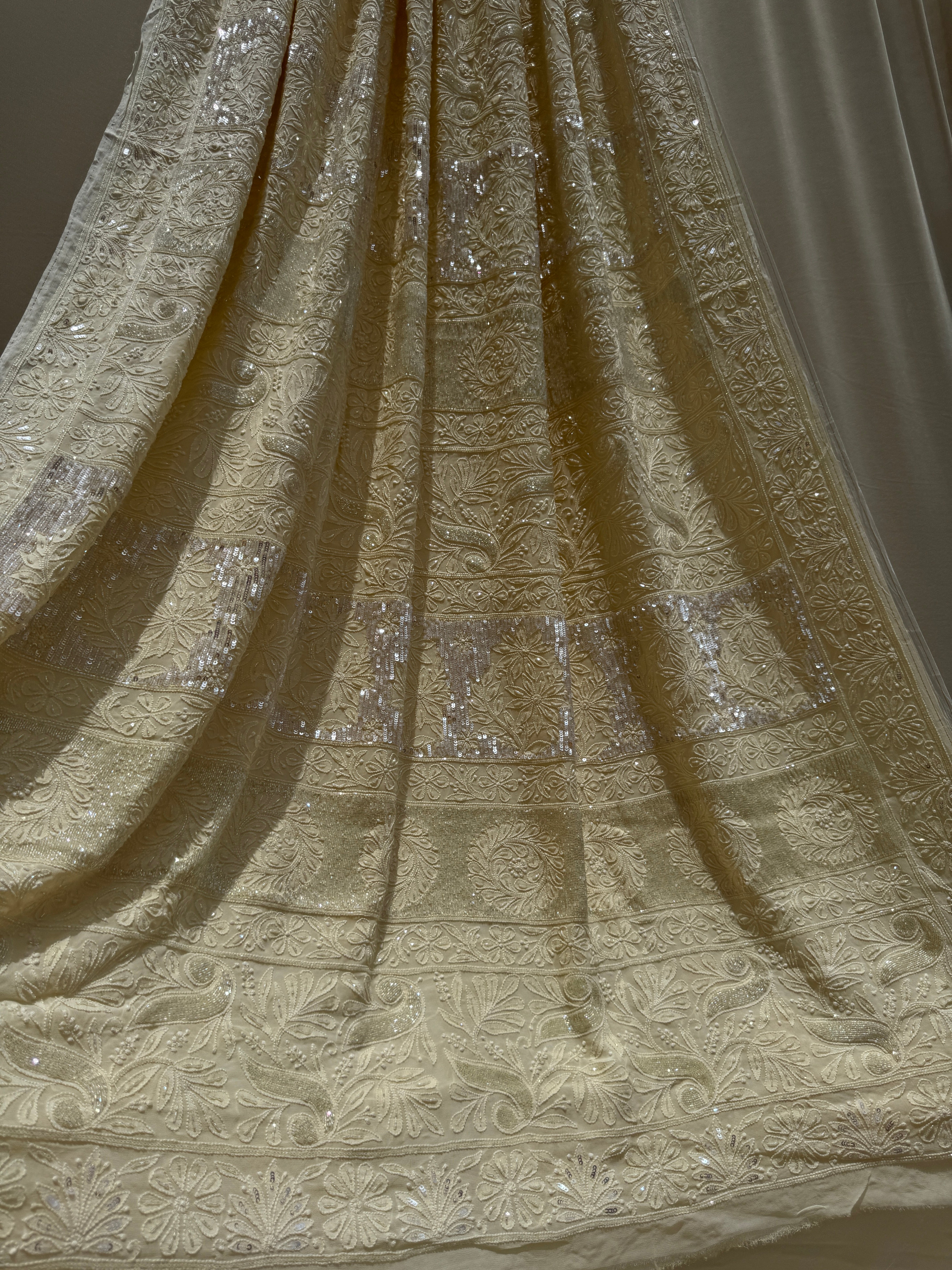 Viscose Cream Yellow Chikankari saree with Pearl embellishments ARIAA CHIKANKARI 