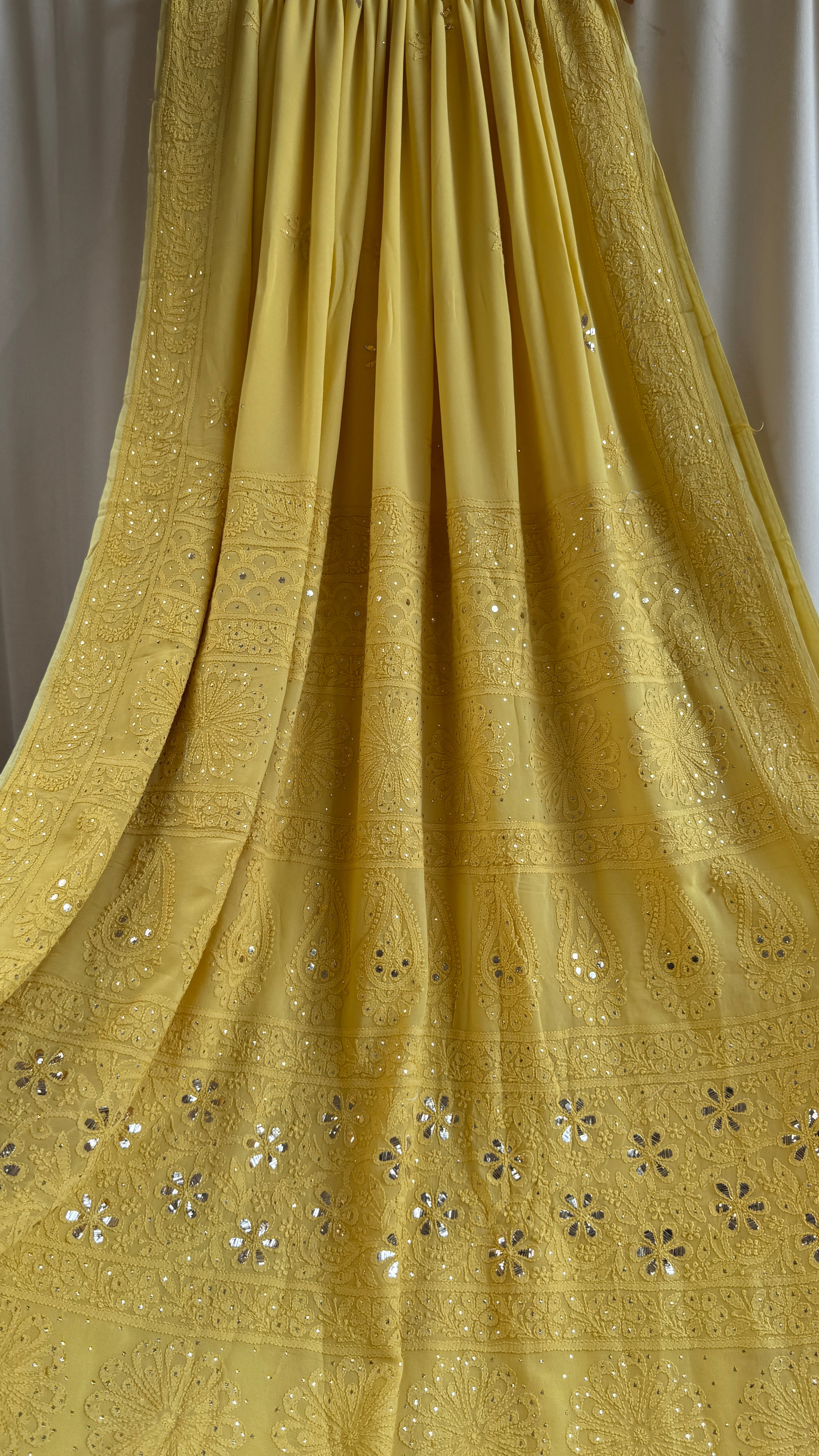 Viscose Canary Yellow Chikankari saree with Mukaish Work