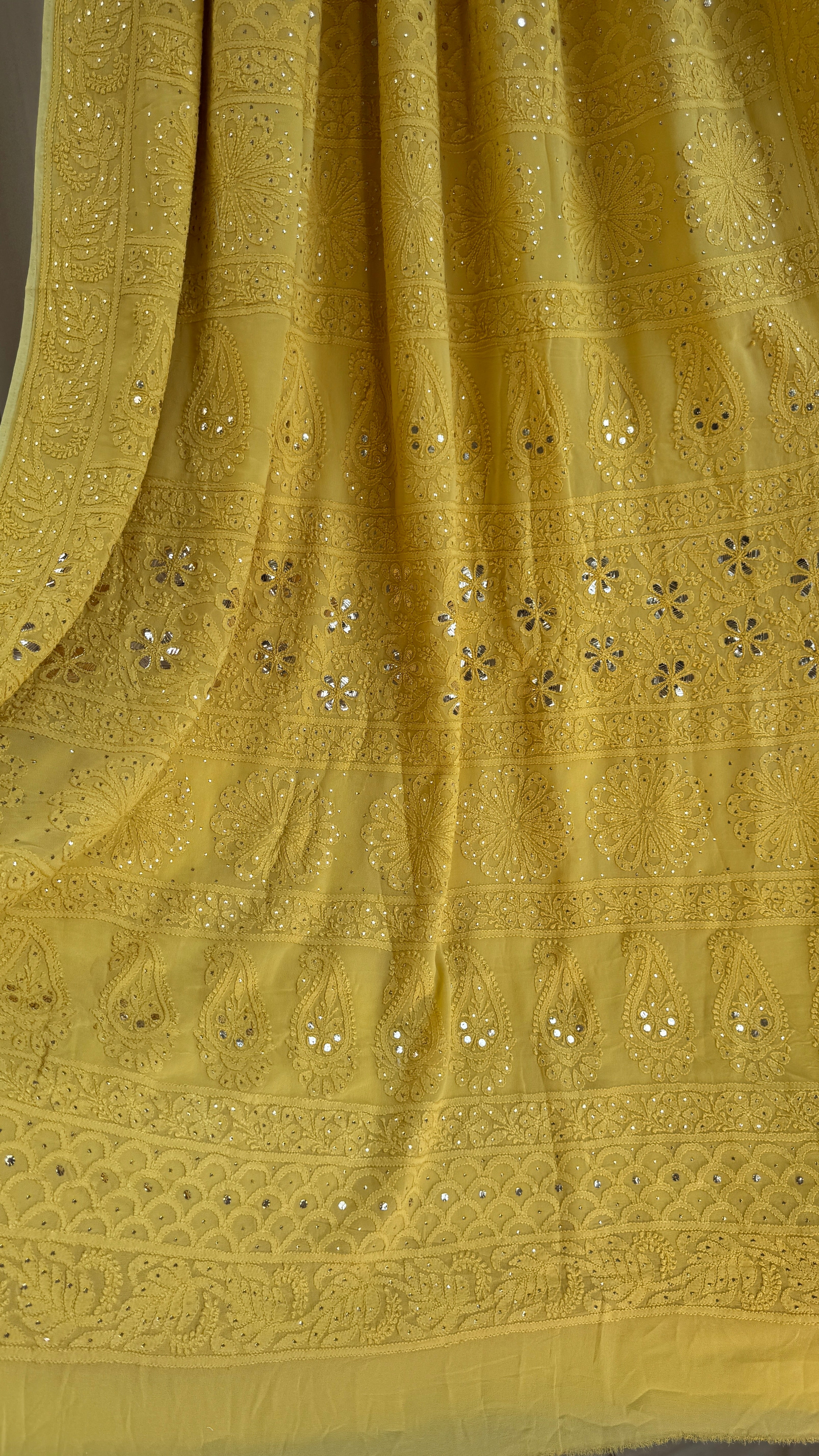 Viscose Canary Yellow Chikankari saree with Mukaish Work