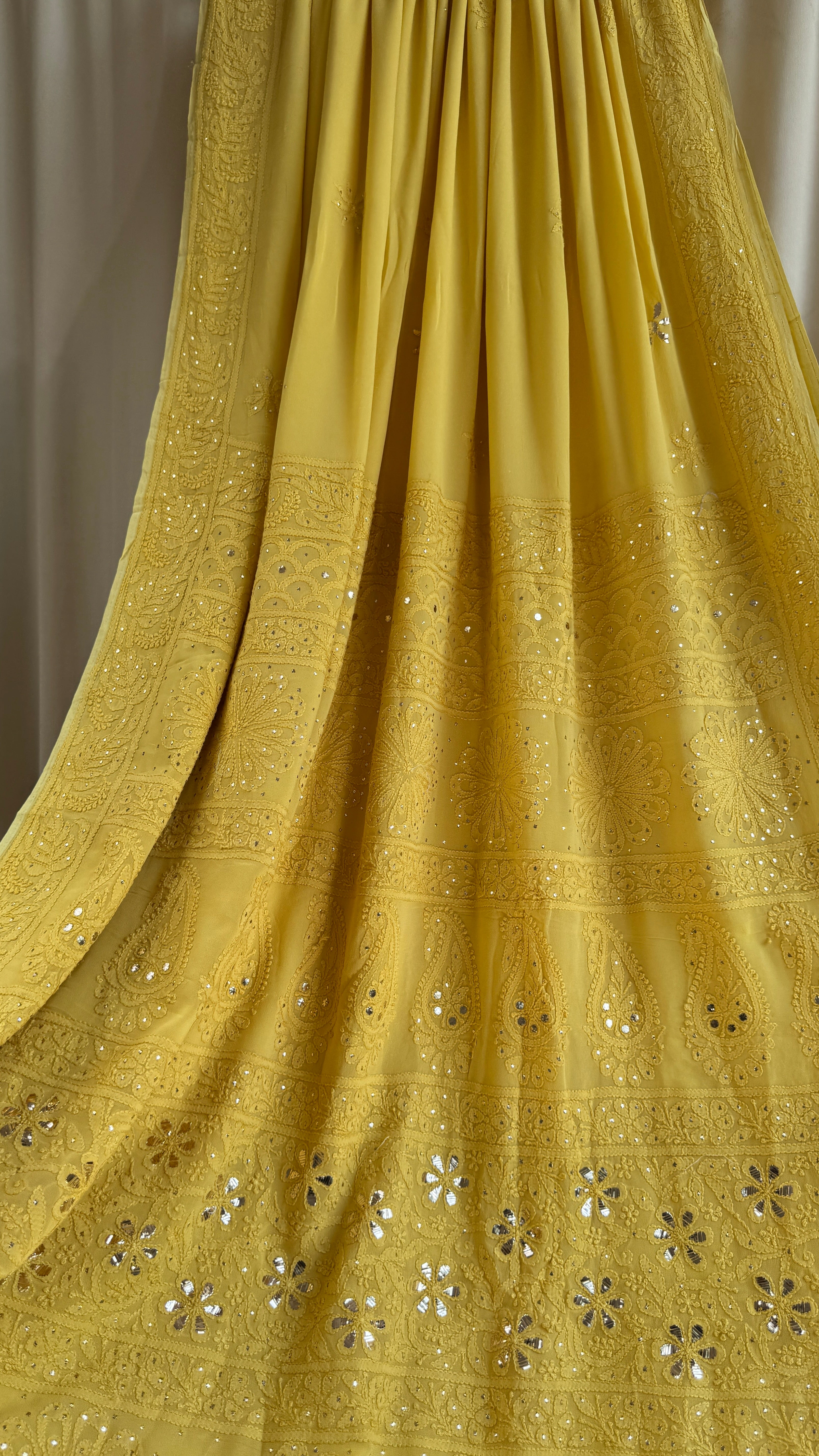 Viscose Canary Yellow Chikankari saree with Mukaish Work