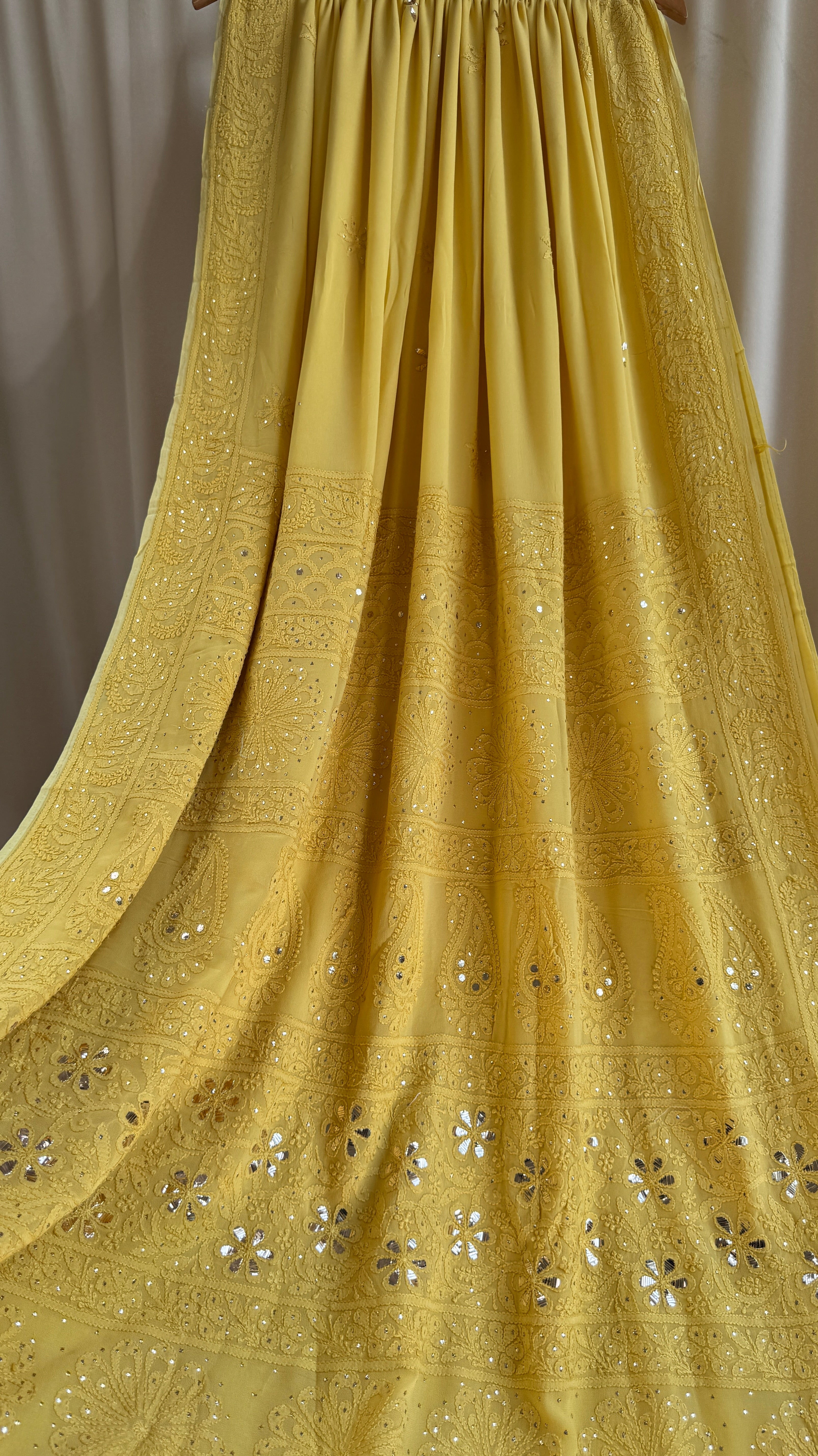 Viscose Canary Yellow Chikankari saree with Mukaish Work
