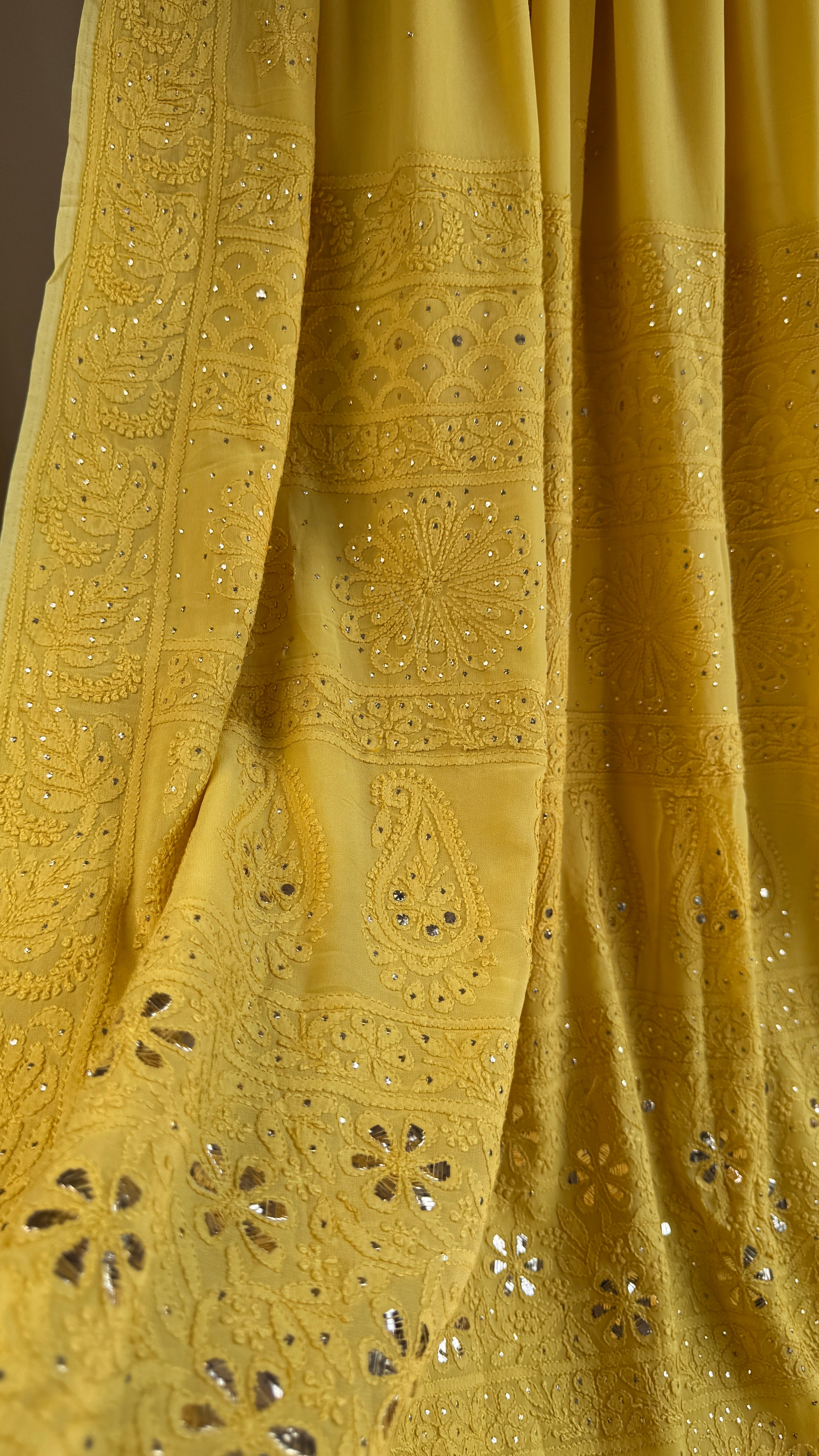 Viscose Canary Yellow Chikankari saree with Mukaish Work