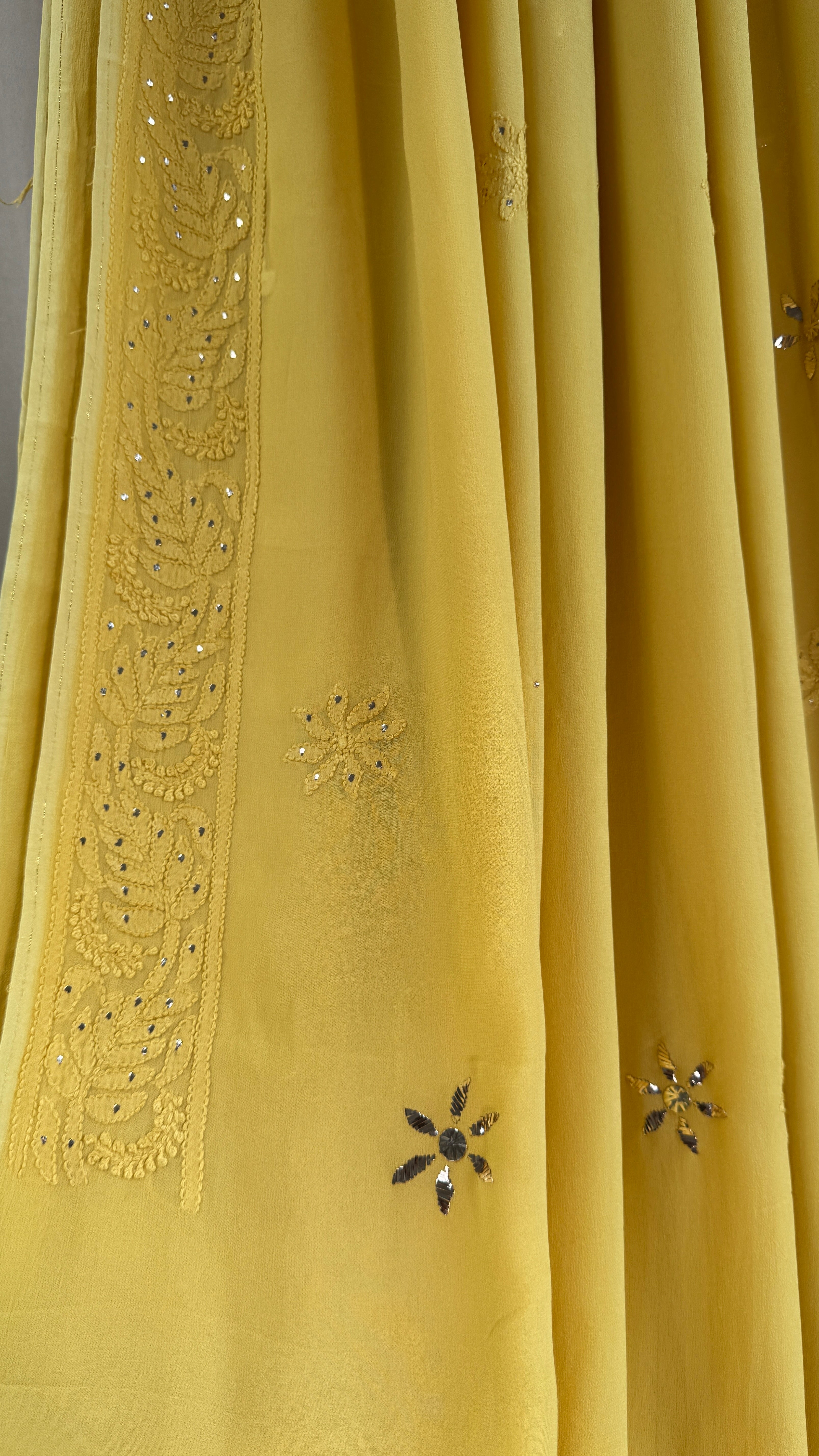 Viscose Canary Yellow Chikankari saree with Mukaish Work