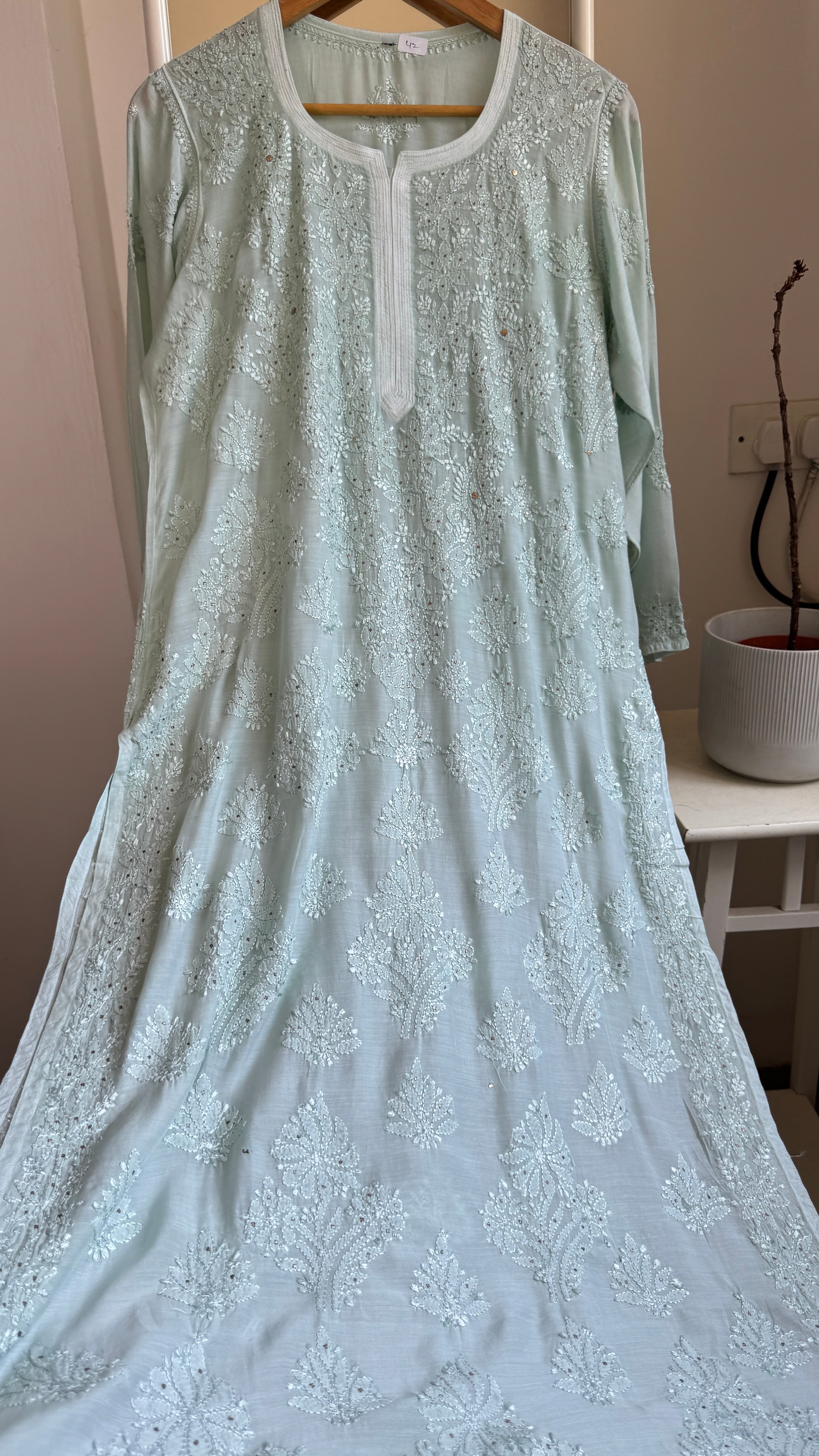 Muslin Chikankari Kurti with Mukaish work - Pistachio Green - Aayat Collection