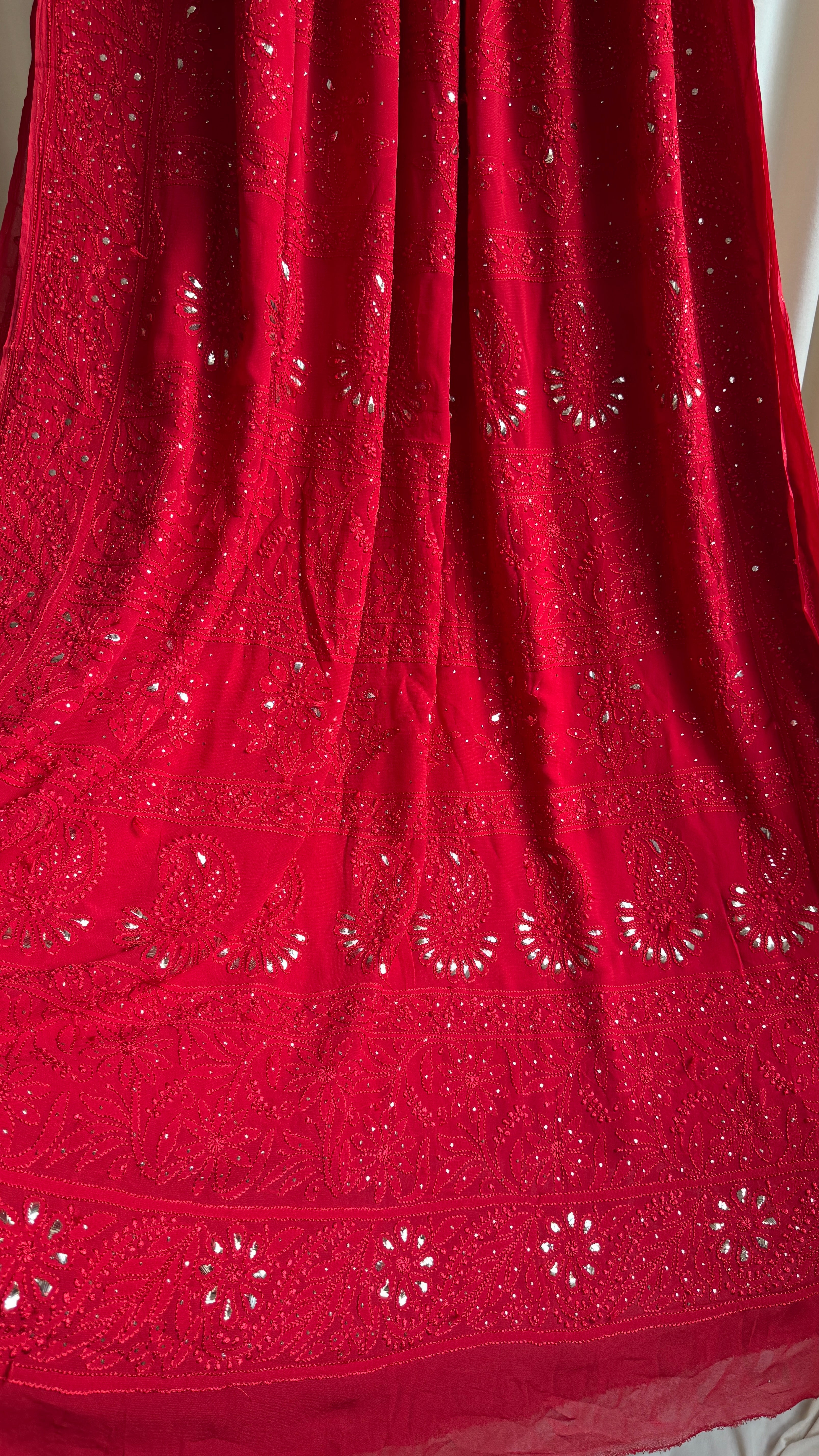Viscose Red Chikankari saree with Mukaish Work