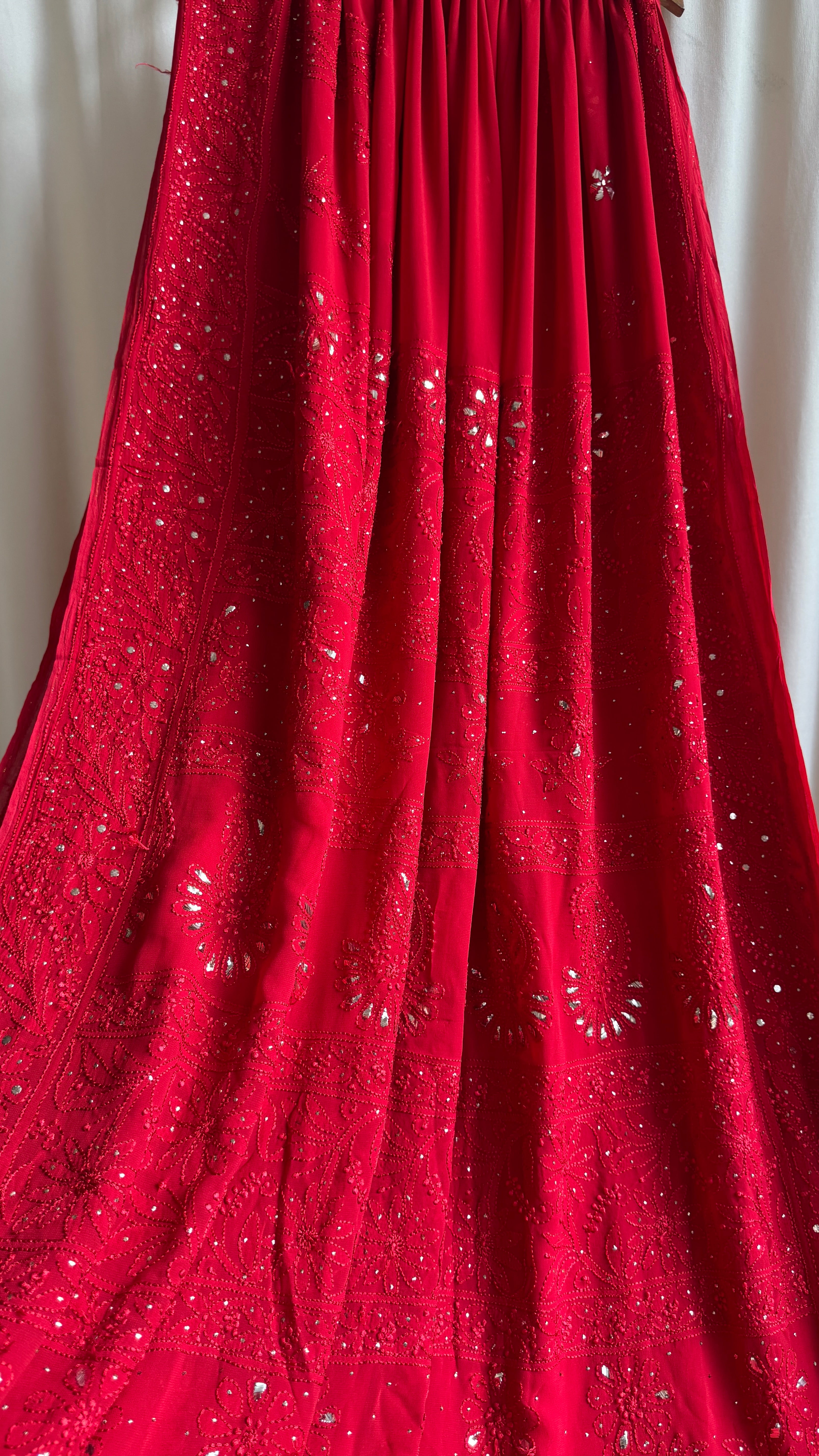 Viscose Red Chikankari saree with Mukaish Work