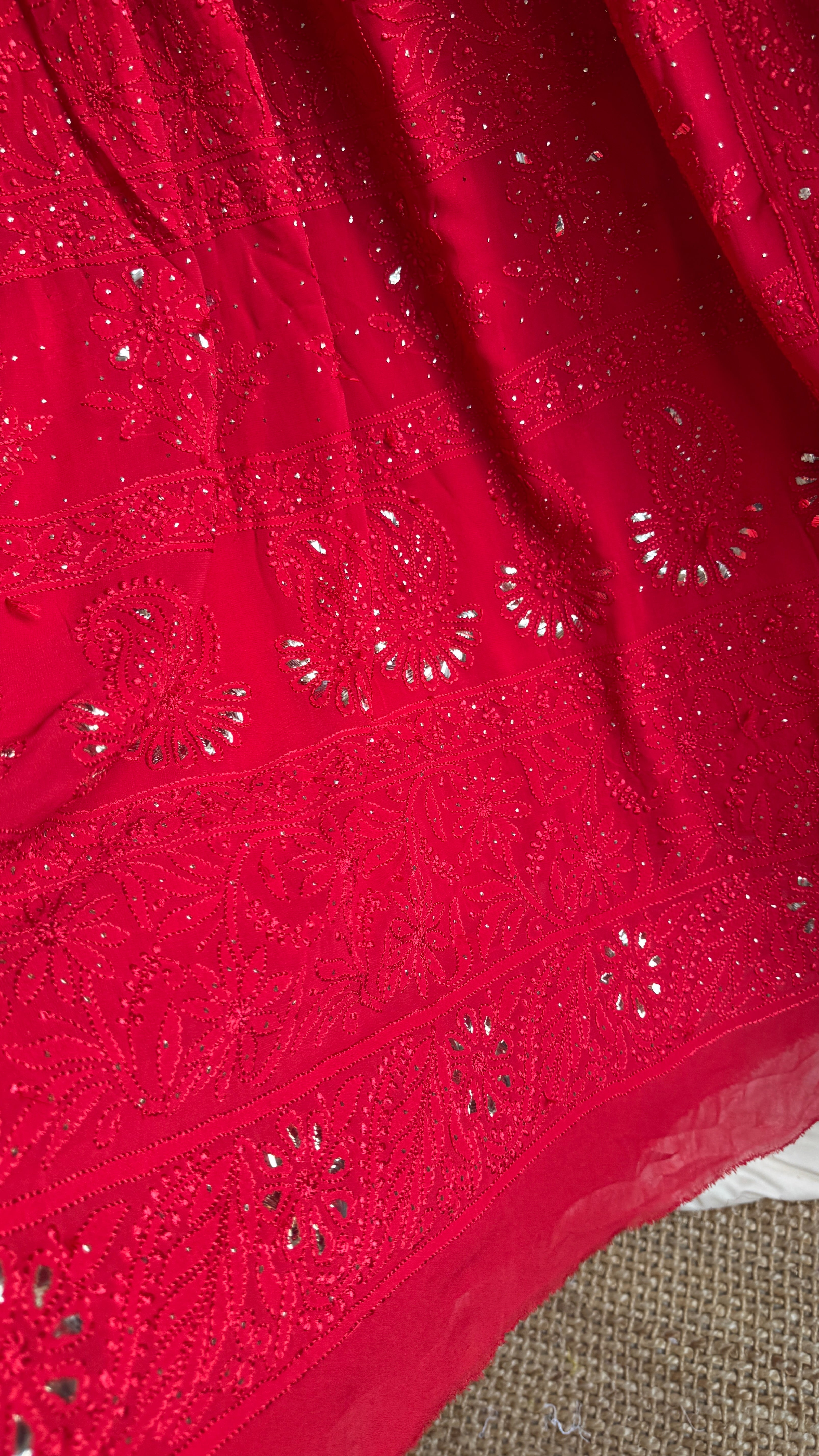 Viscose Red Chikankari saree with Mukaish Work