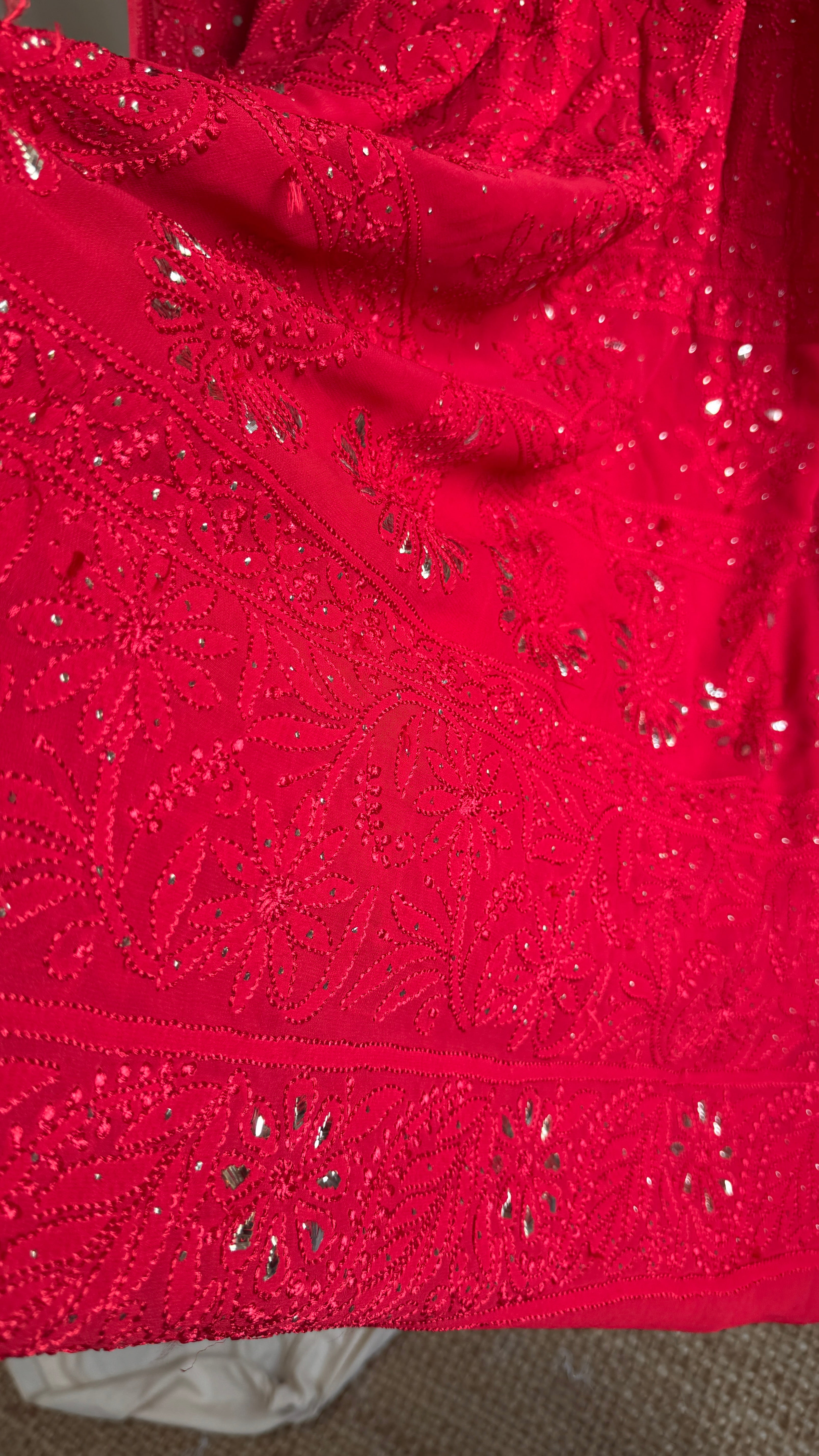 Viscose Red Chikankari saree with Mukaish Work