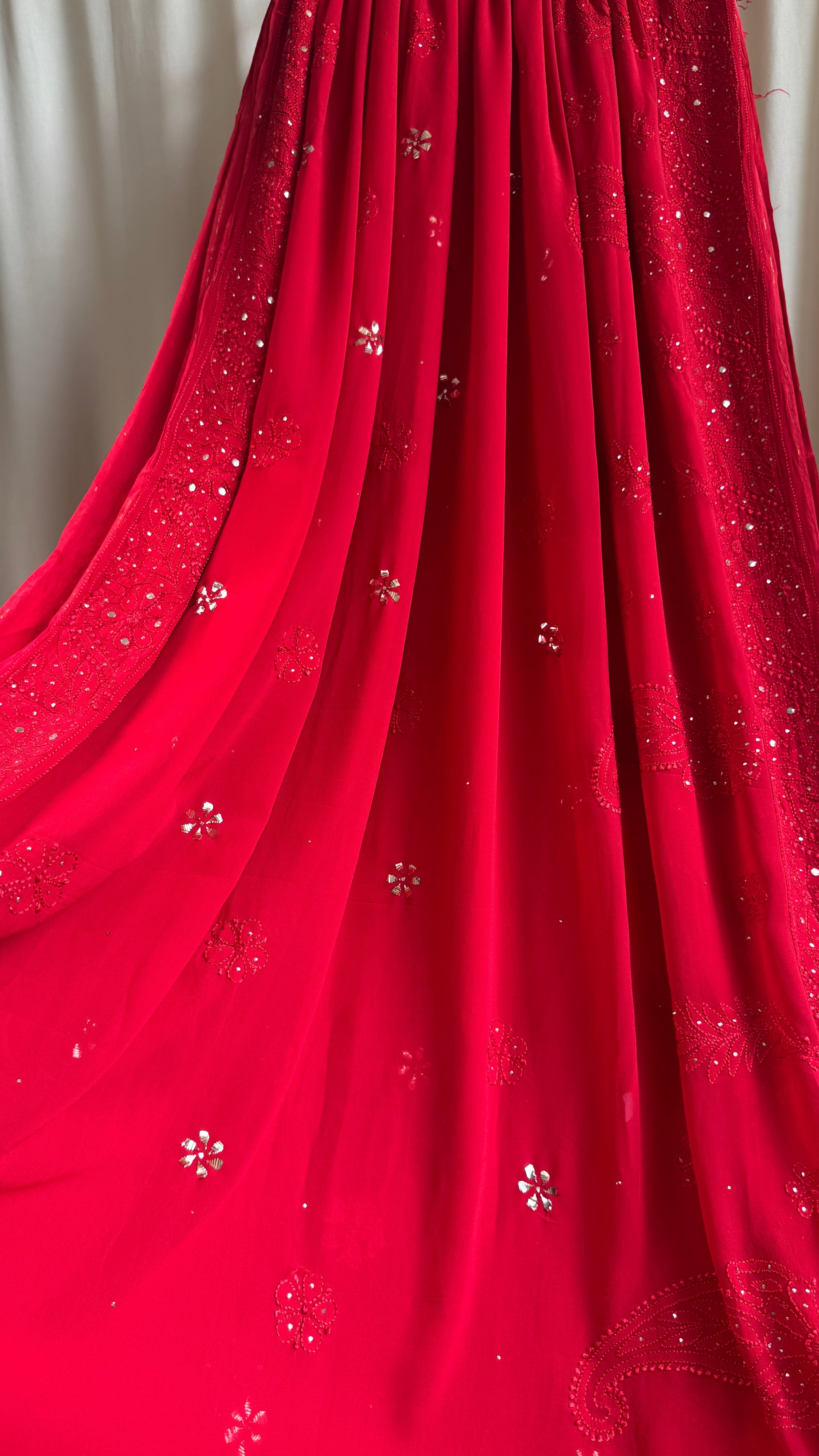 Viscose Red Chikankari saree with Mukaish Work