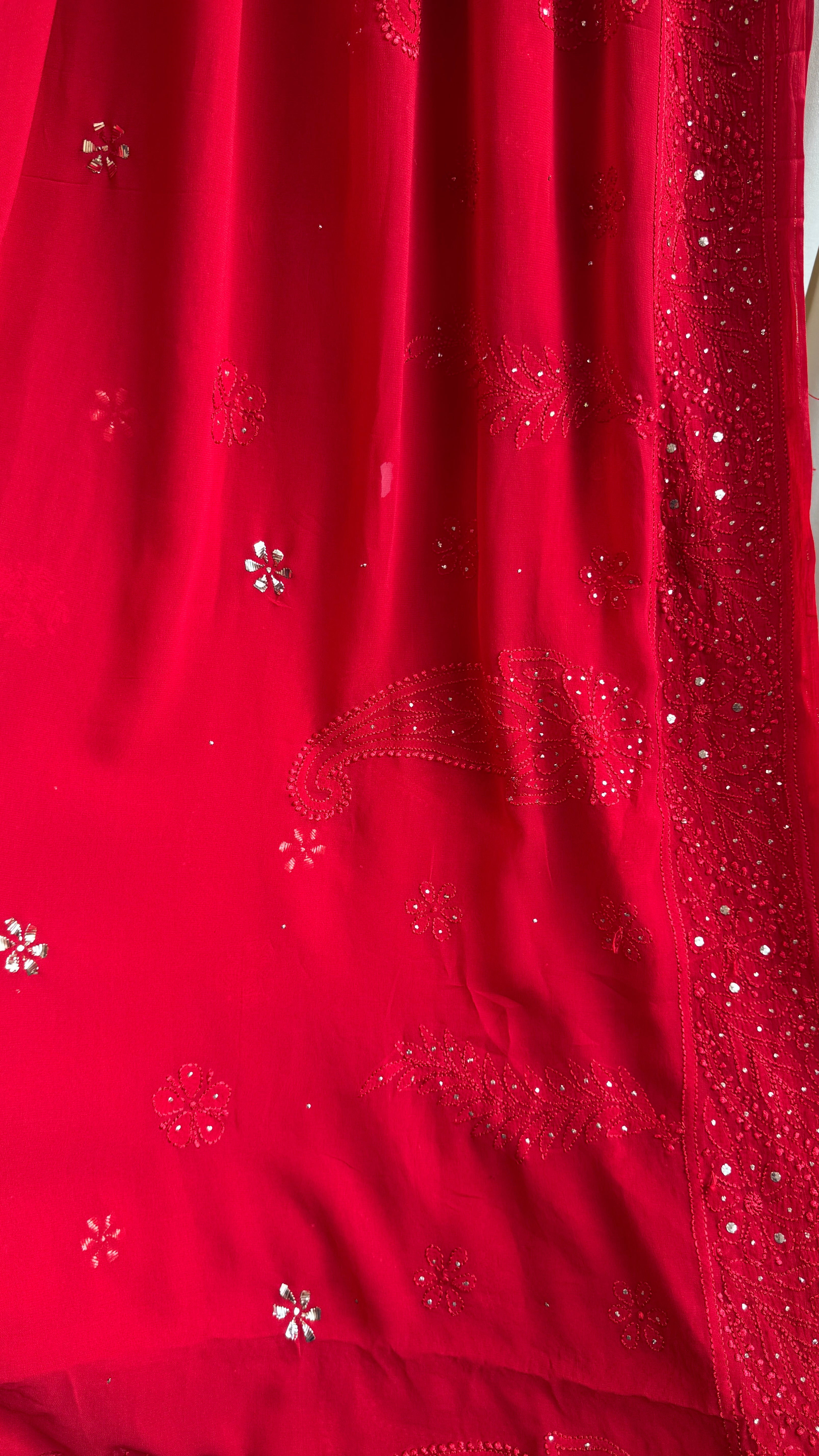 Viscose Red Chikankari saree with Mukaish Work