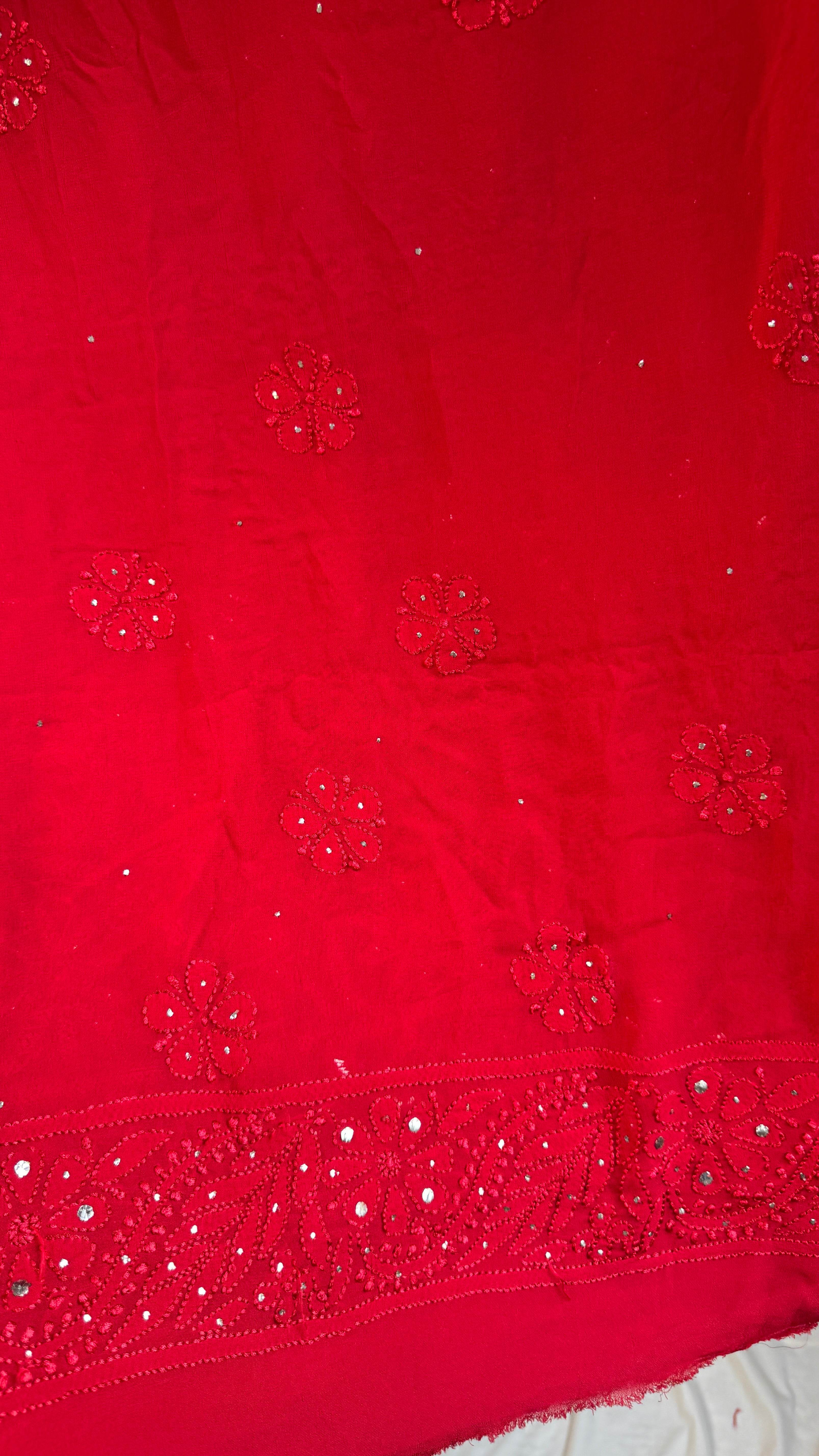 Viscose Red Chikankari saree with Mukaish Work