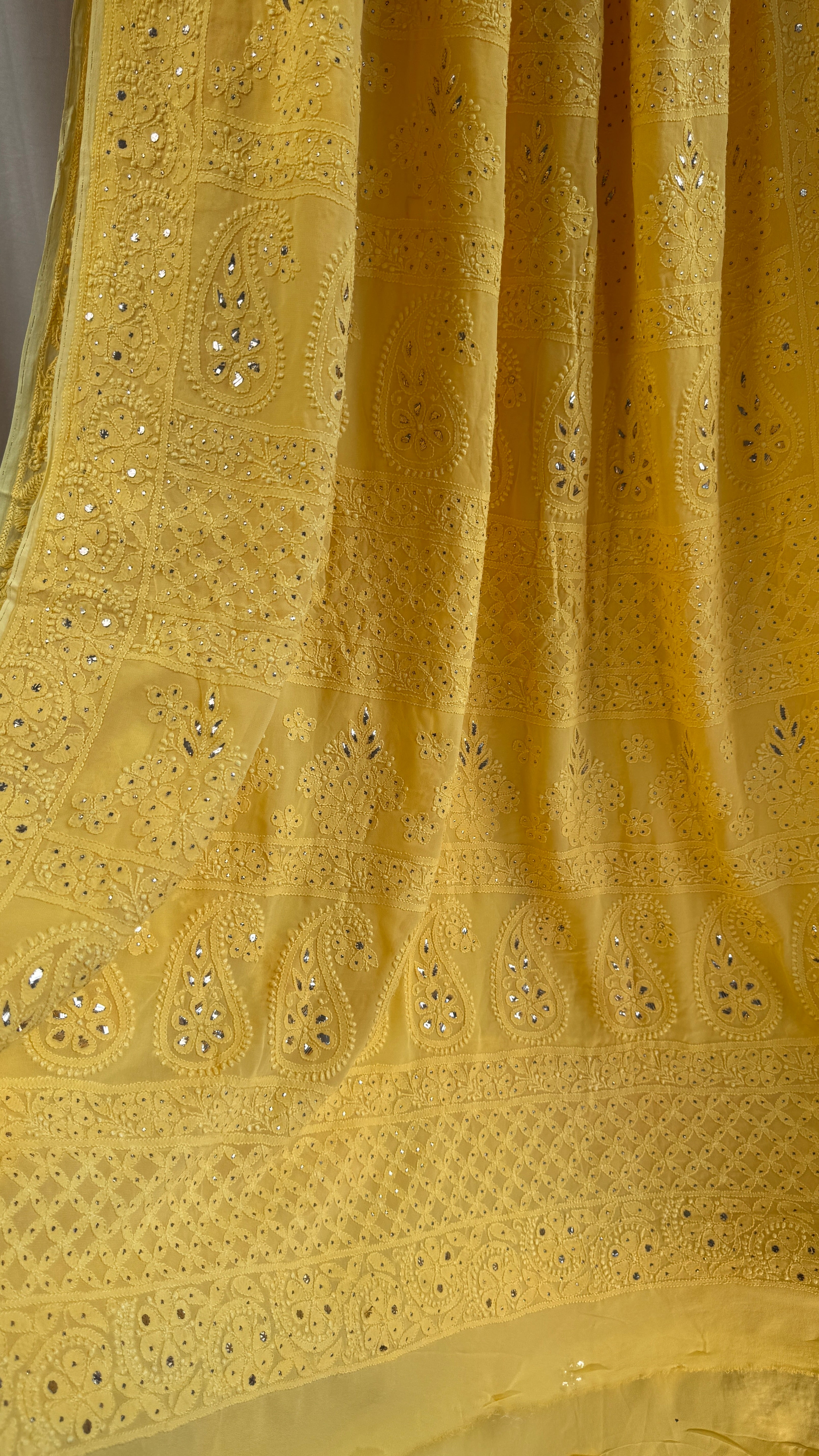 Viscose Yellow Chikankari saree with Mukaish Work