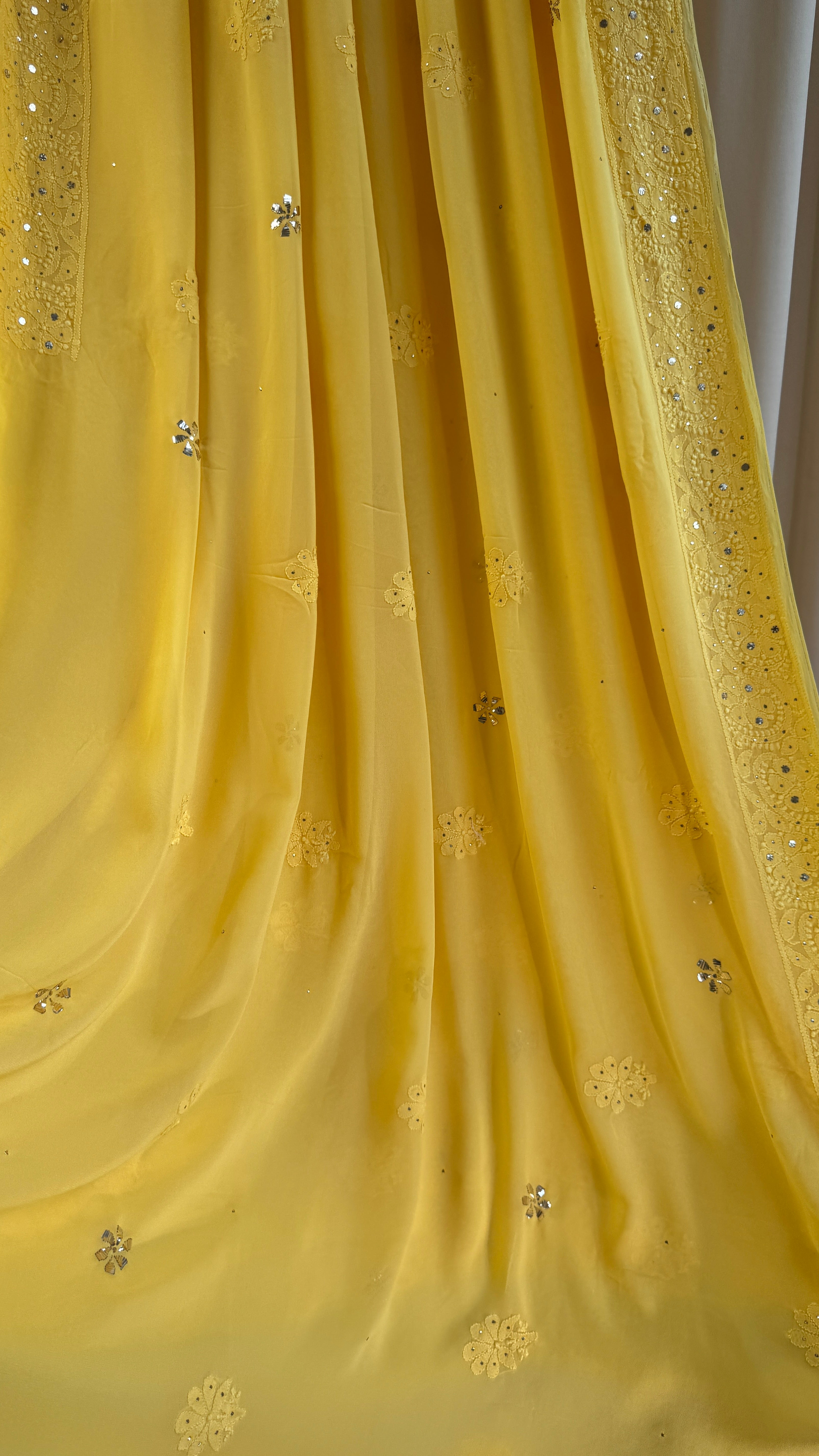 Viscose Yellow Chikankari saree with Mukaish Work