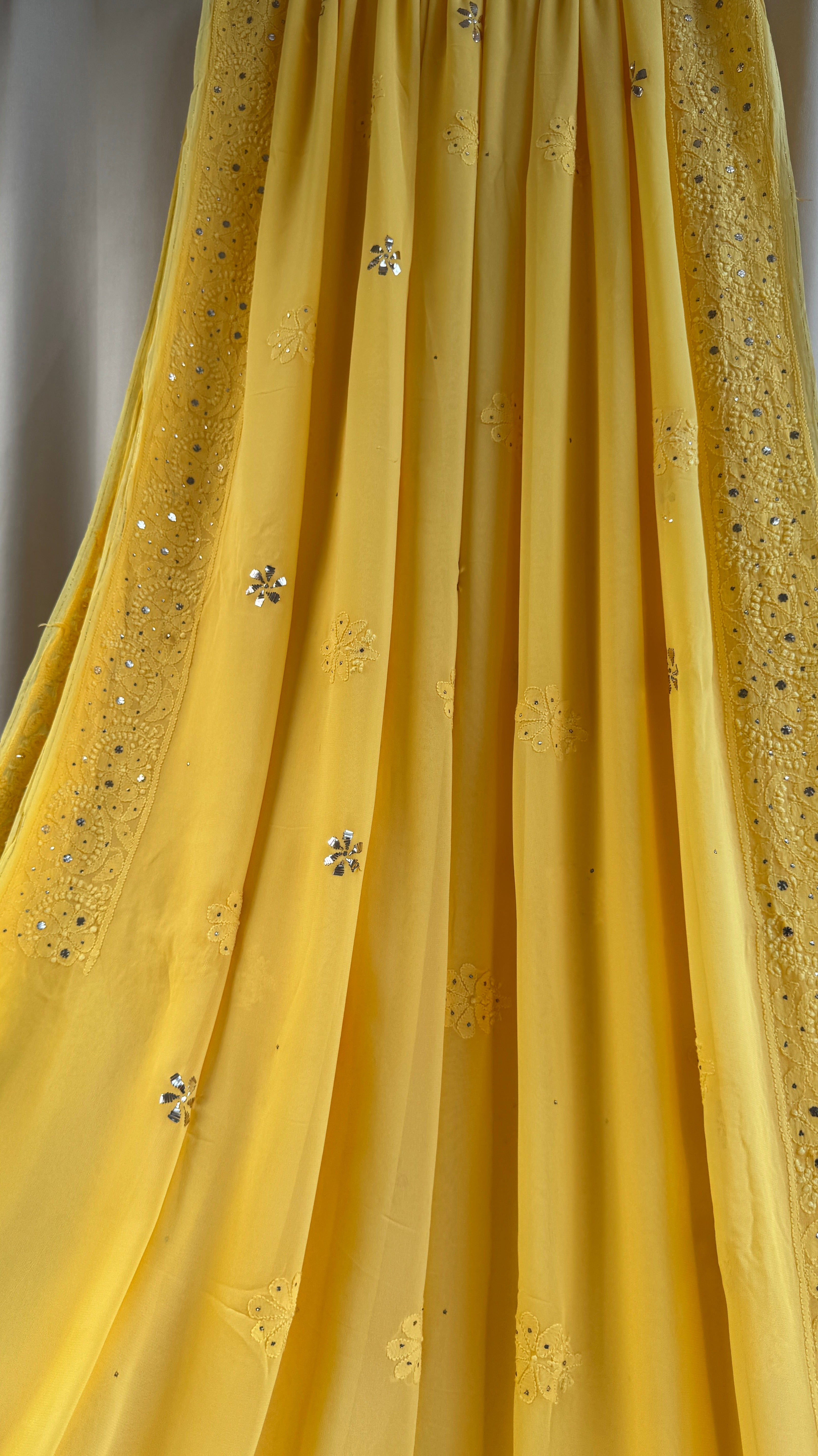 Viscose Yellow Chikankari saree with Mukaish Work