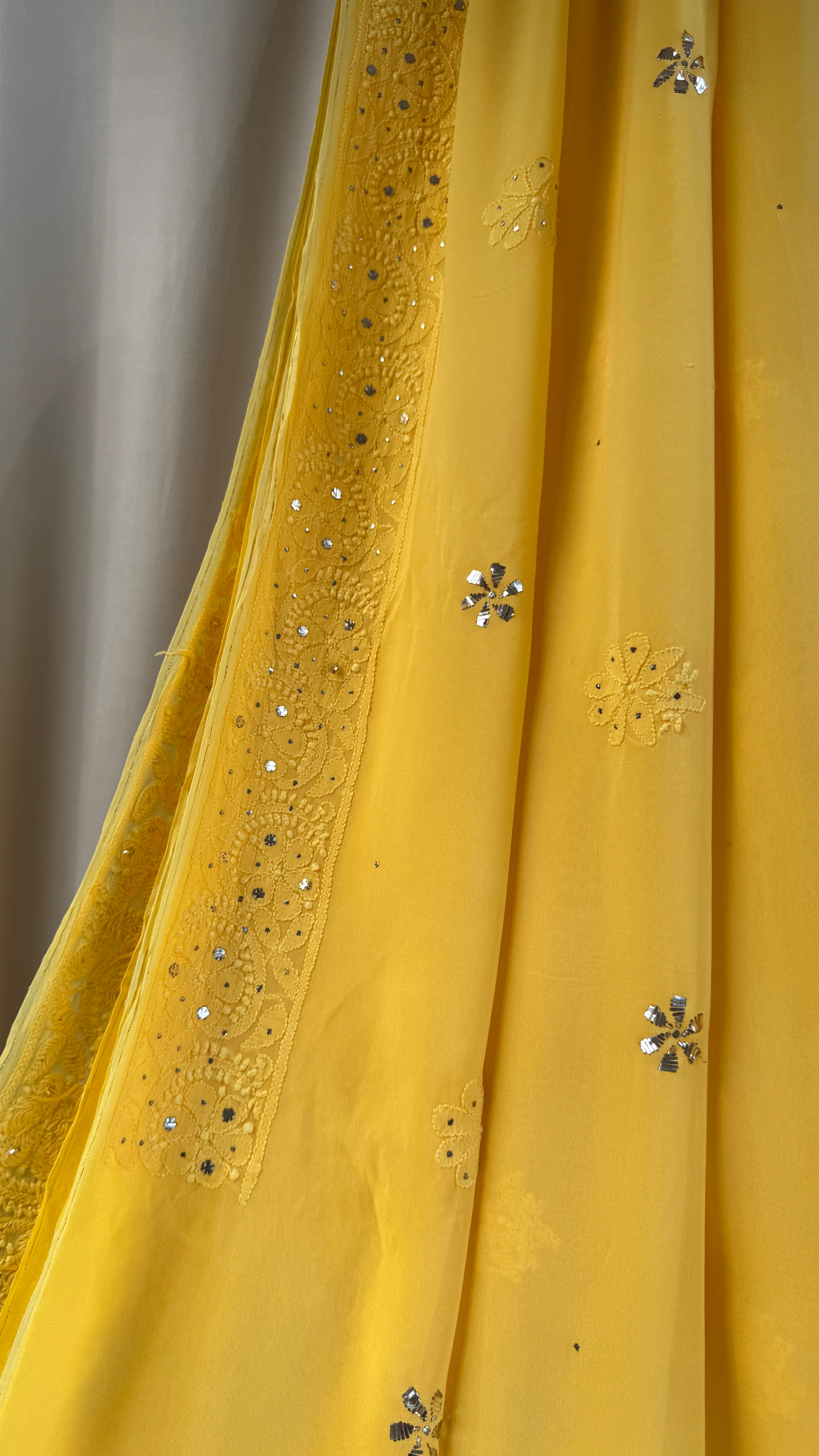 Viscose Yellow Chikankari saree with Mukaish Work