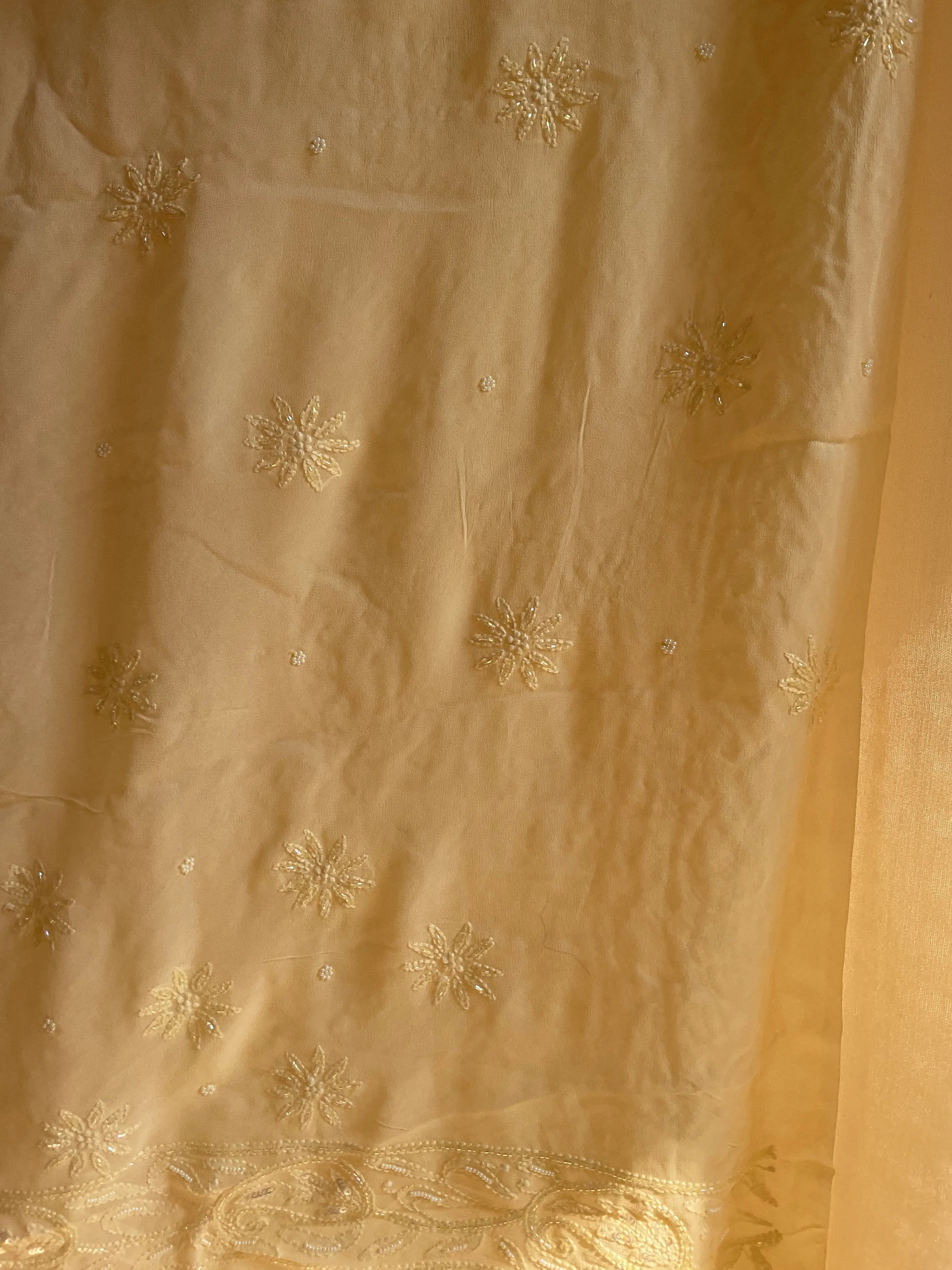 Cream Yellow Chikankari saree with Pearl embellishments ARIAA CHIKANKARI 