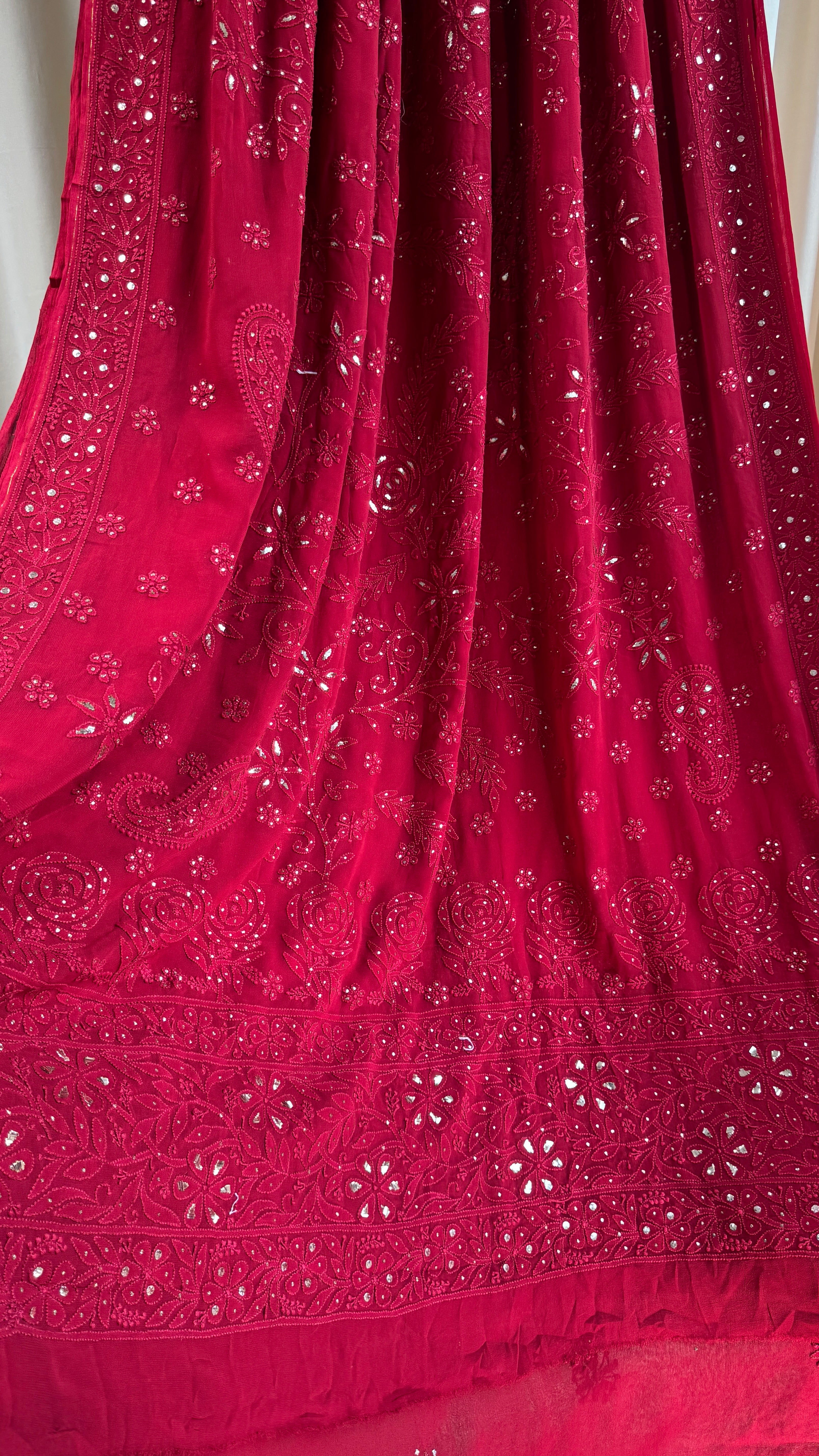 Viscose Maroon Chikankari saree with Mukaish Work