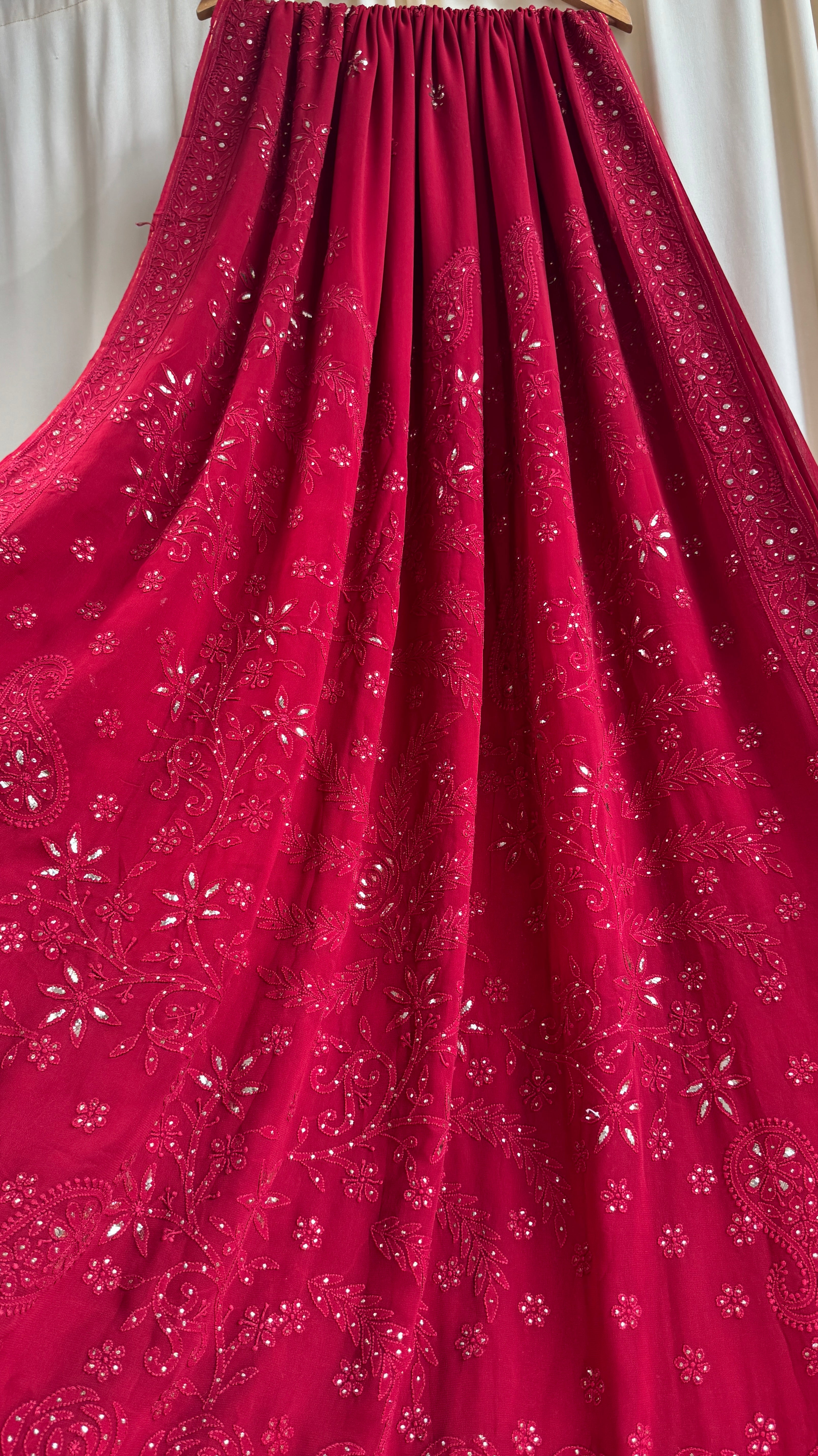 Viscose Maroon Chikankari saree with Mukaish Work