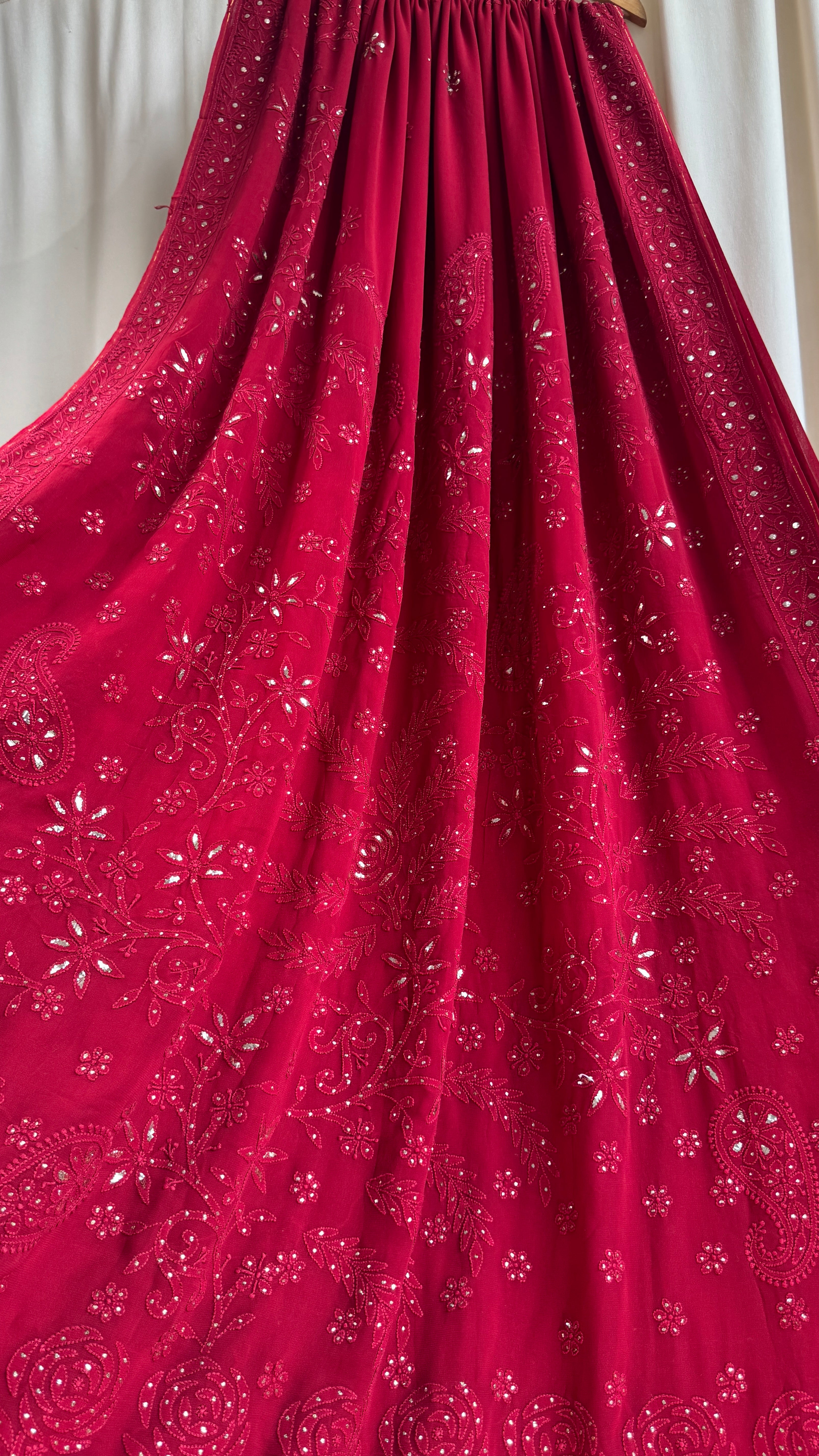 Viscose Maroon Chikankari saree with Mukaish Work