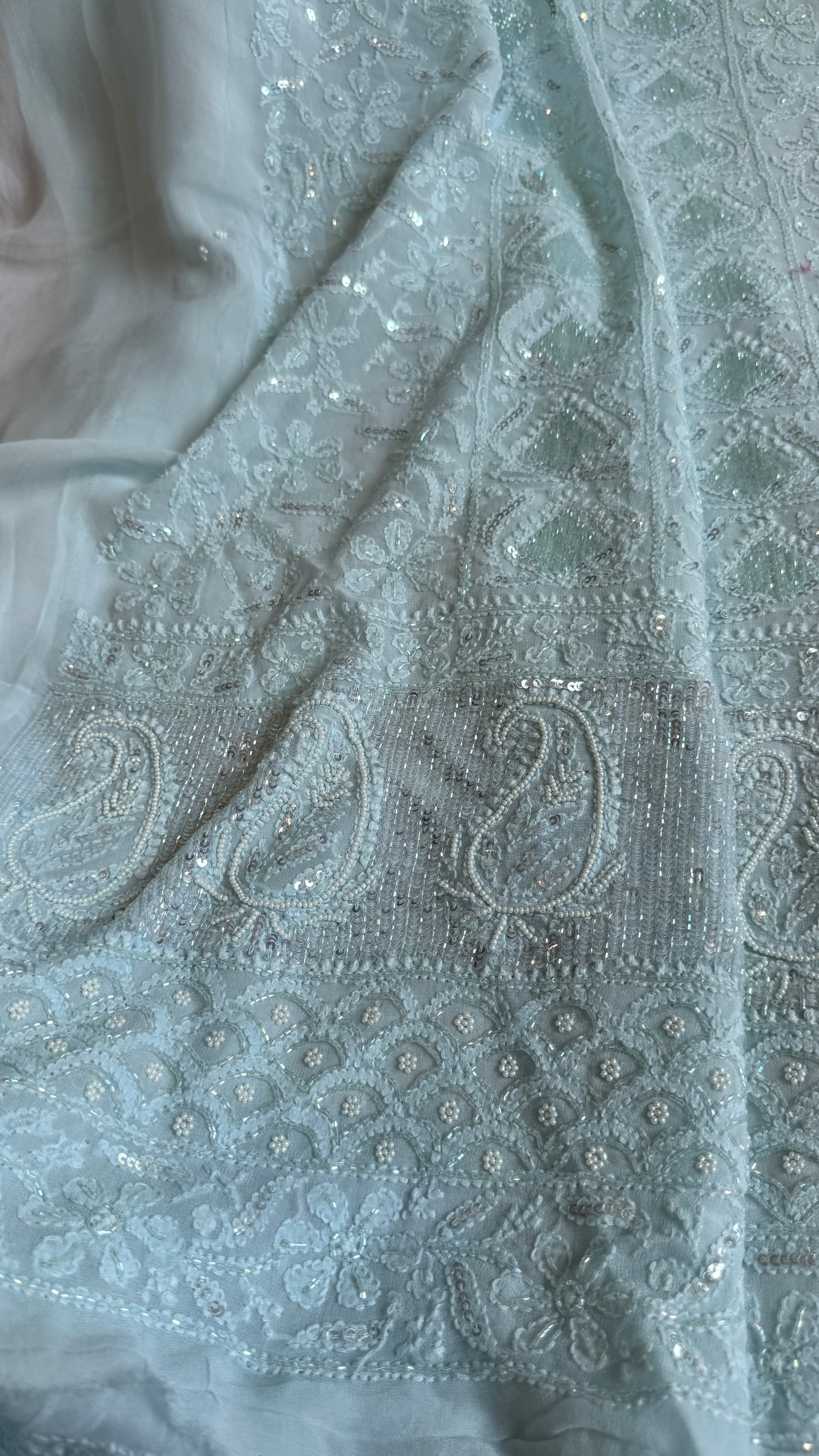Viscose Chikankari Length with Dupatta - Cyan Green