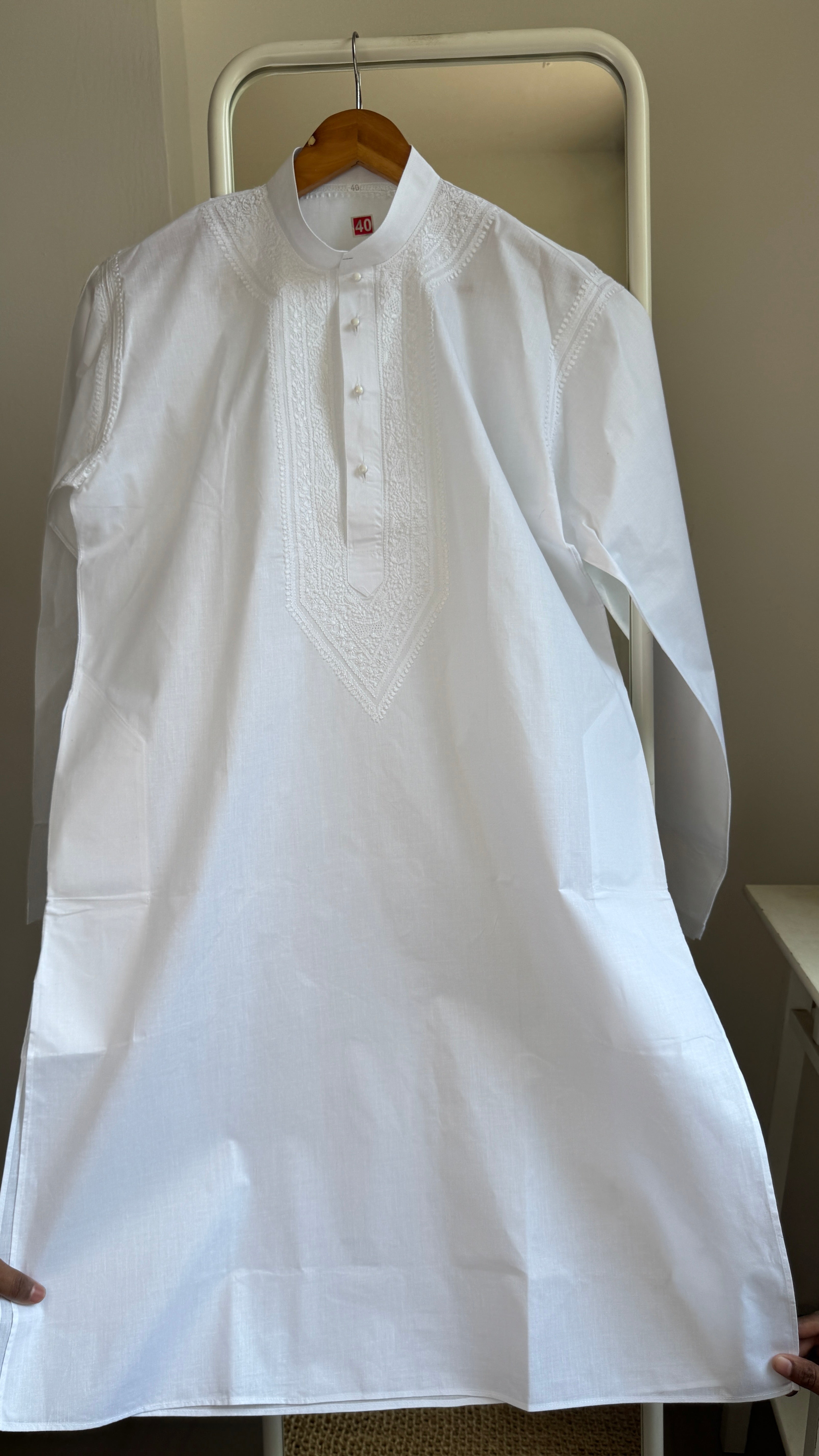 Cotton Chikankari Kurta -  White - Men's Collection