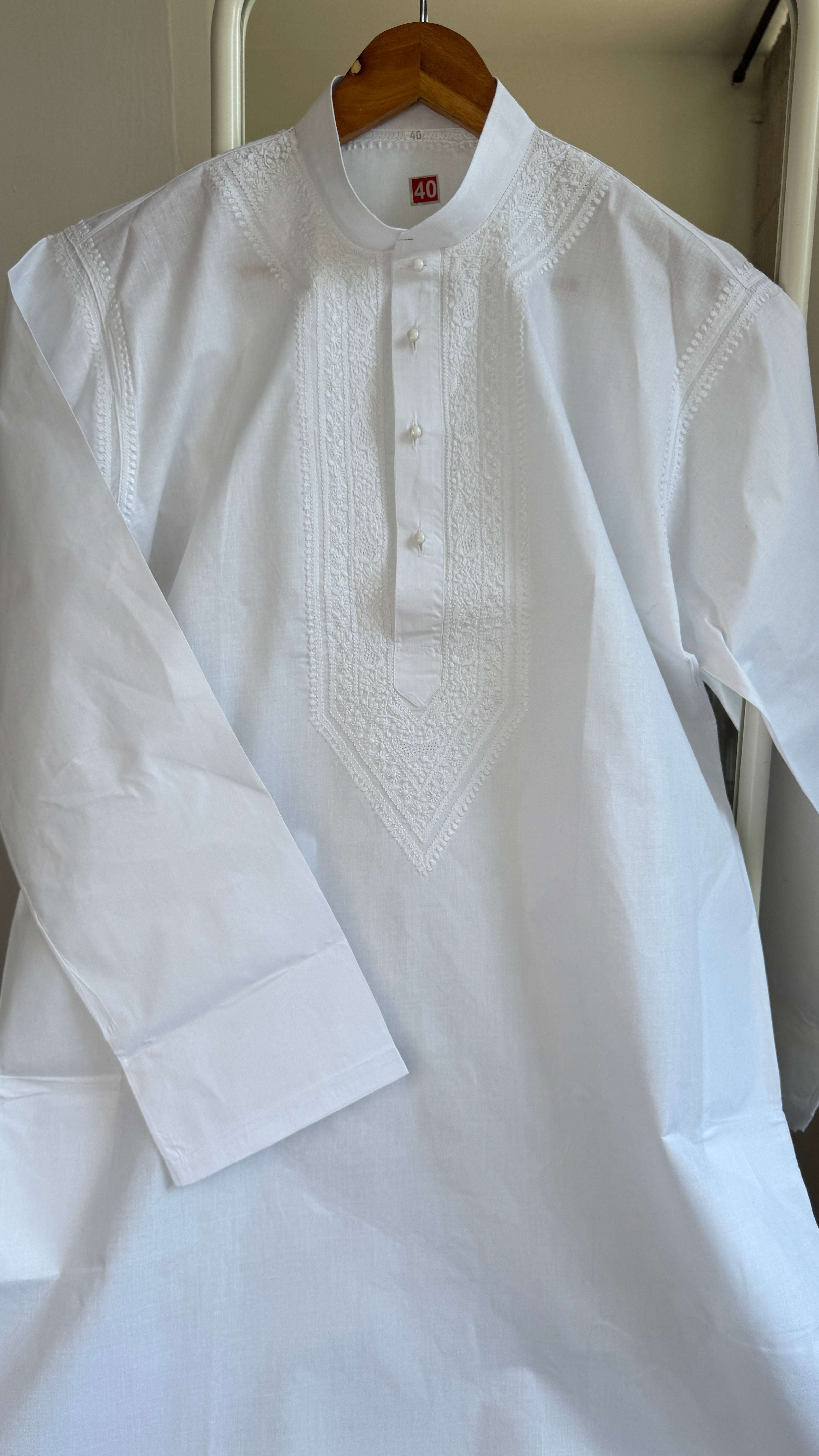 Cotton Chikankari Kurta -  White - Men's Collection