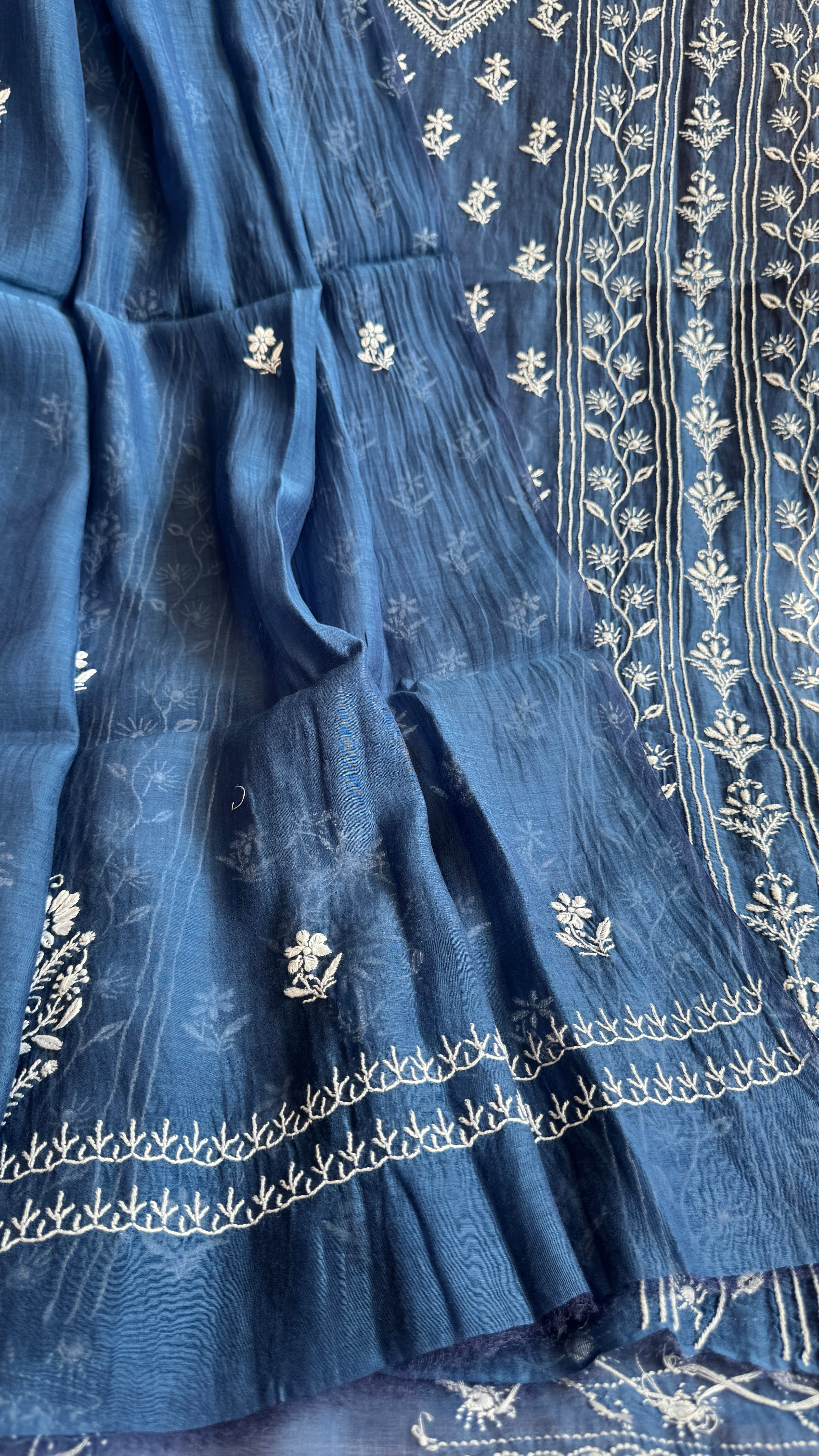 Mul Chanderi Chikankari Unstitched Length with Dupatta - Navy Blue