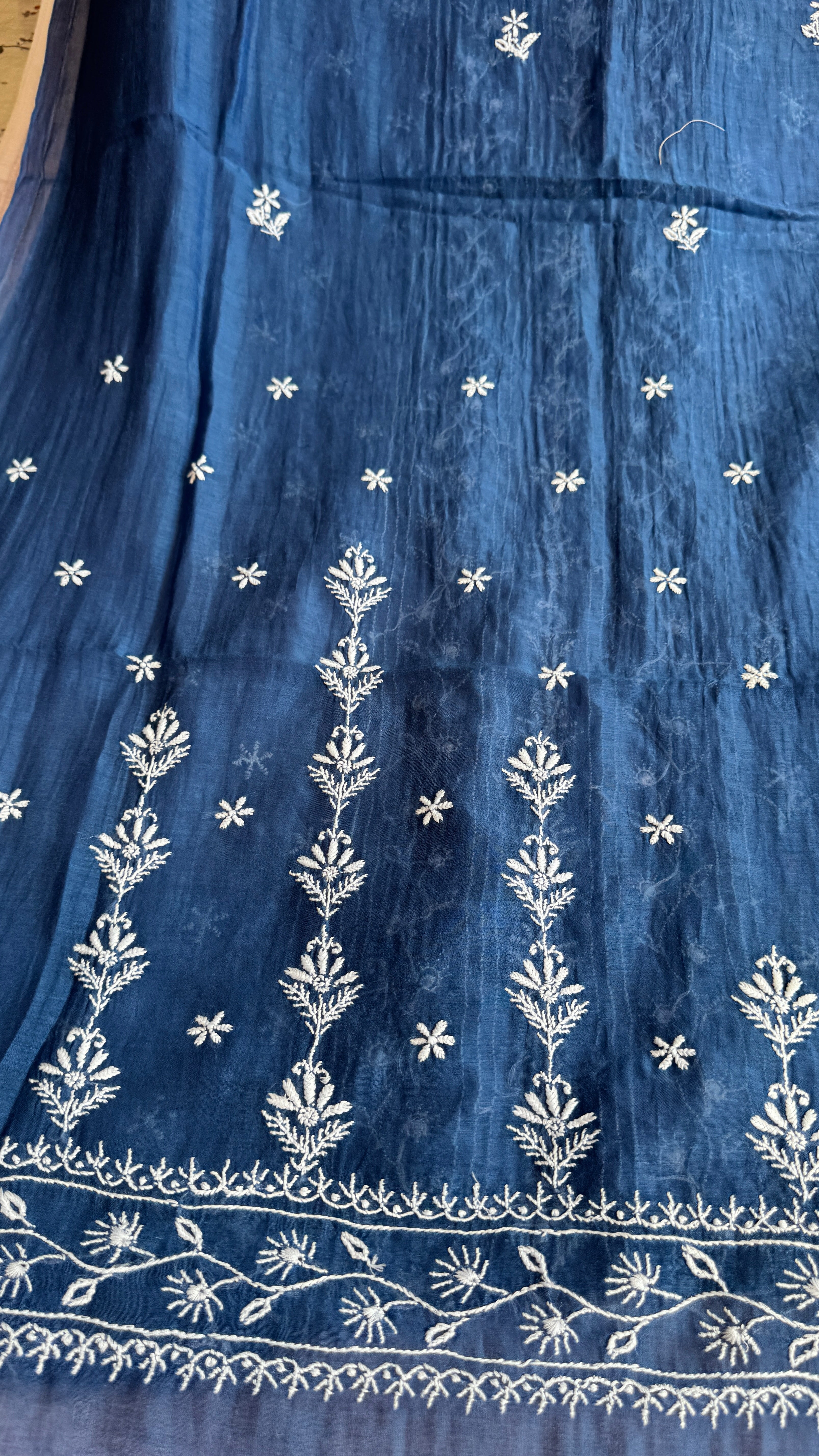 Mul Chanderi Chikankari Unstitched Length with Dupatta - Navy Blue