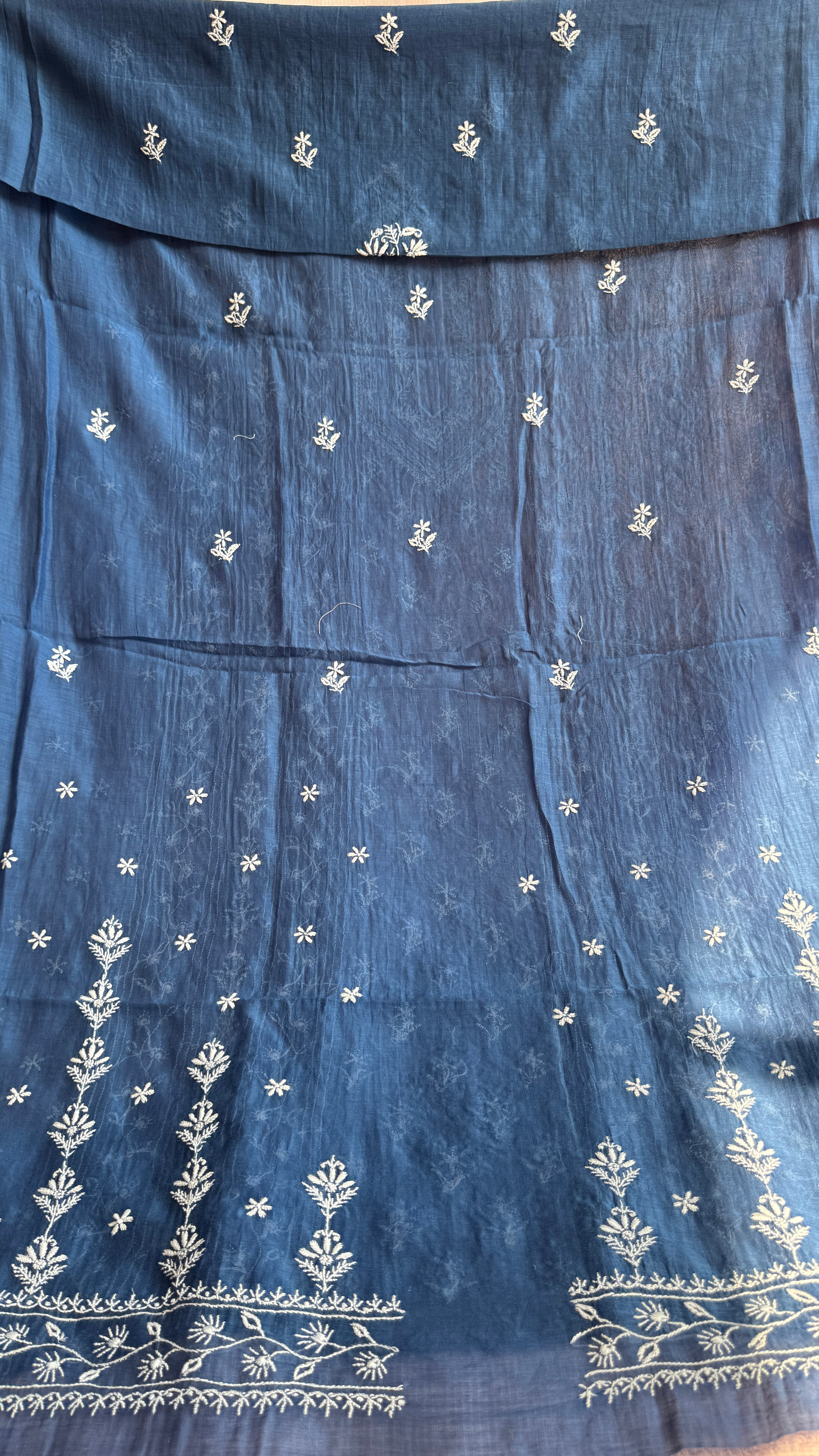 Mul Chanderi Chikankari Unstitched Length with Dupatta - Navy Blue