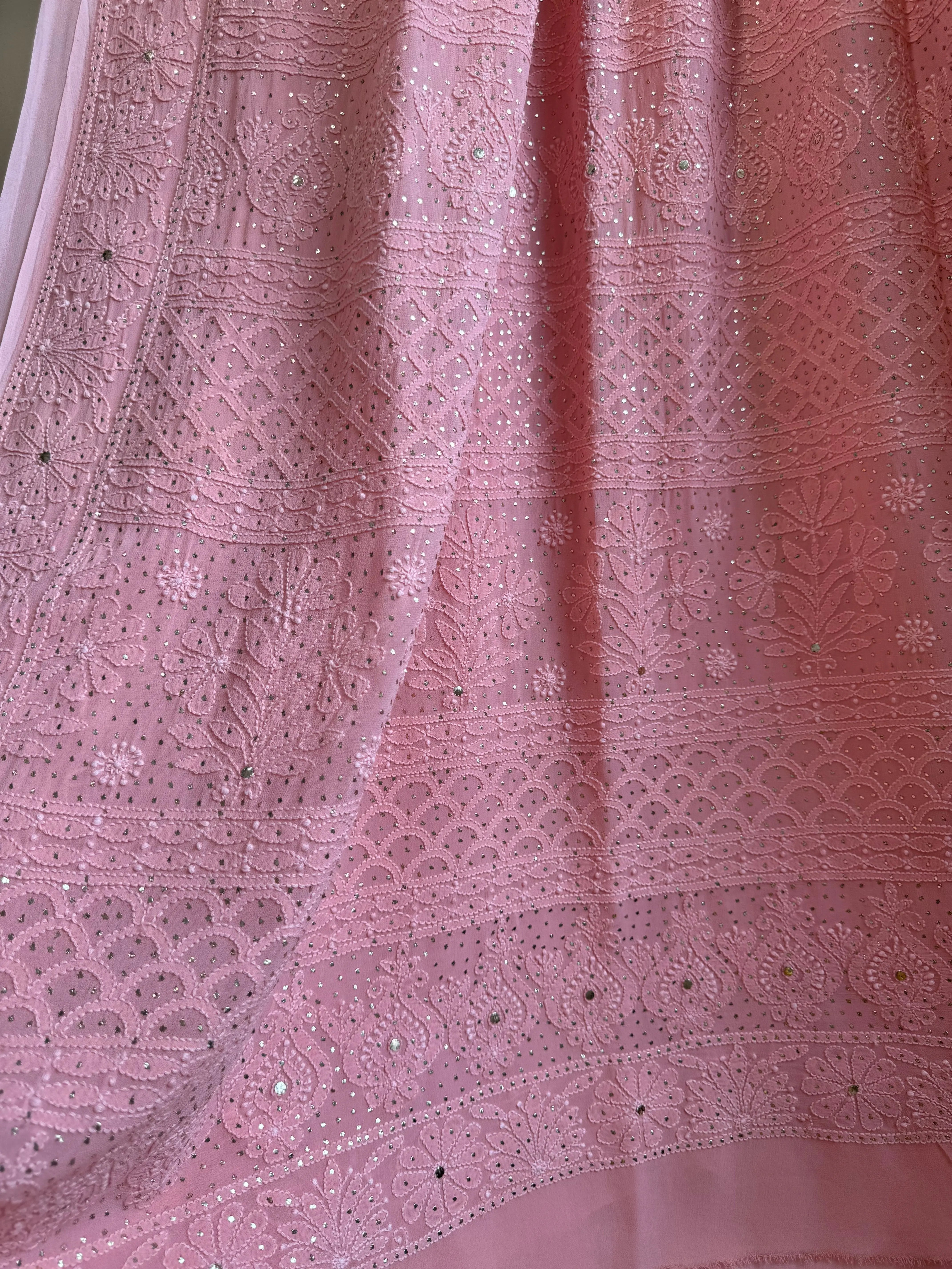 Viscose Peach Chikankari saree with Mukaish Work ARIAA CHIKANKARI 