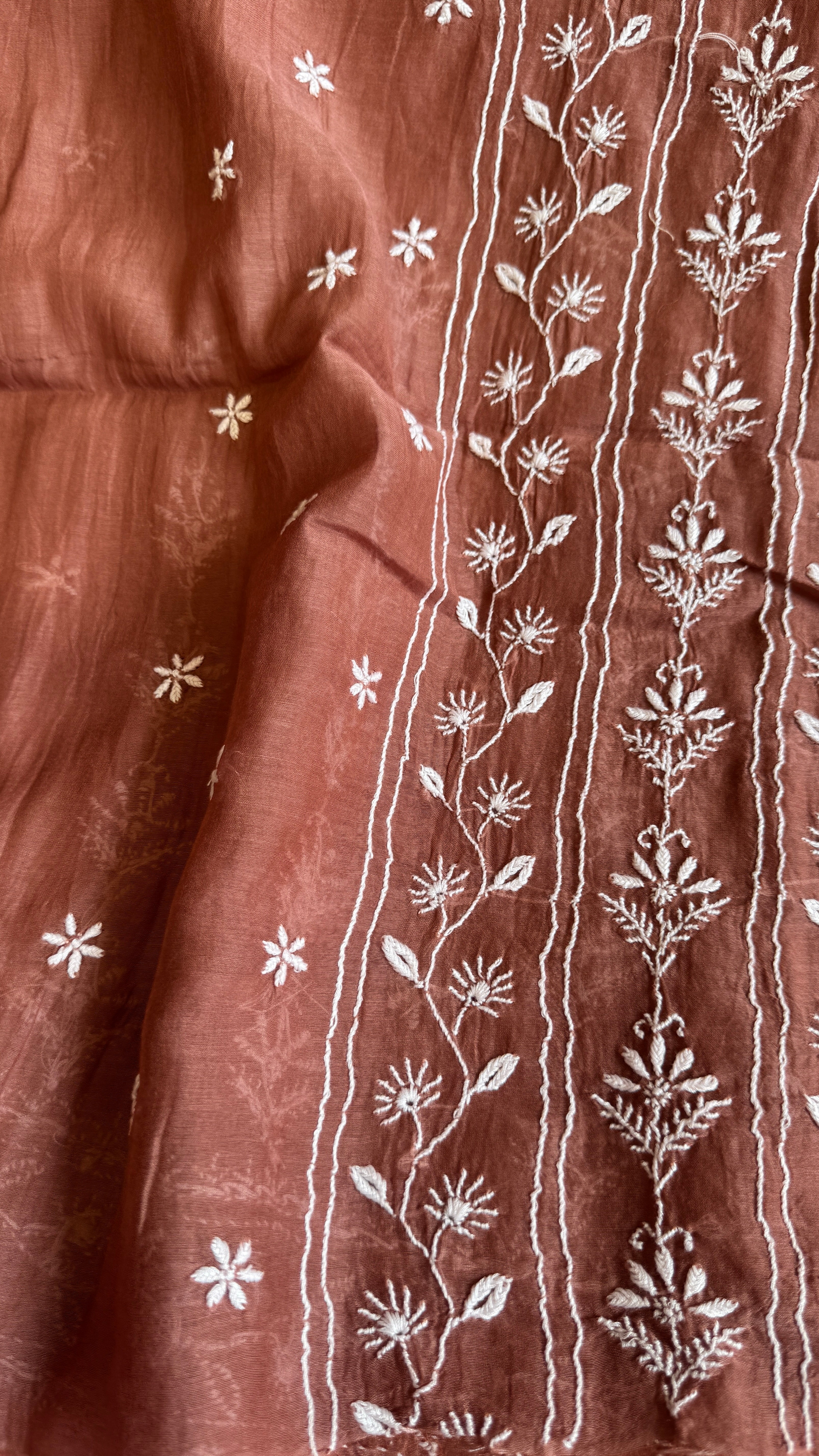 Mul Chanderi Chikankari Unstitched Length with Dupatta - Brick Brown