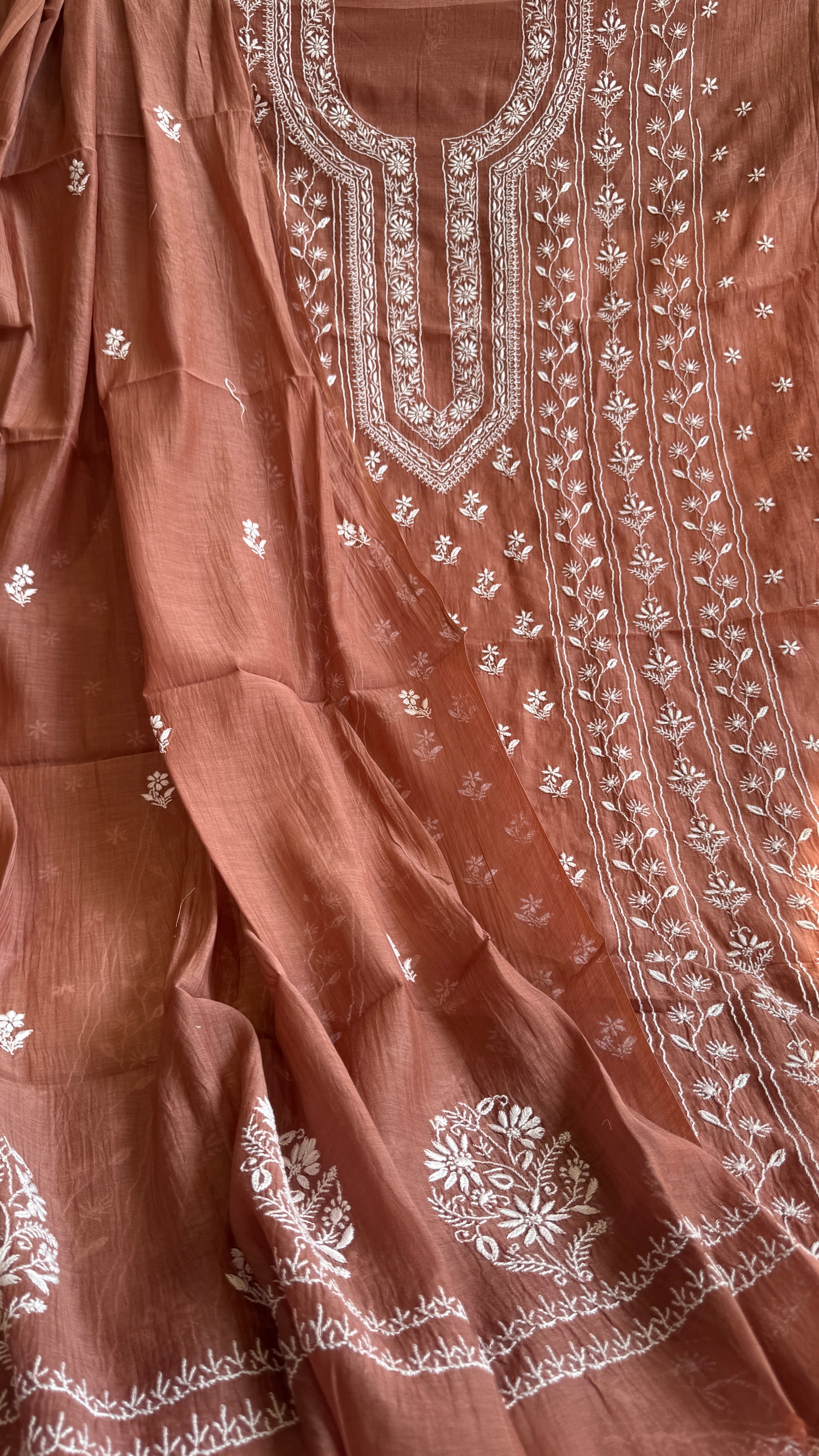 Mul Chanderi Chikankari Unstitched Length with Dupatta - Brick Brown