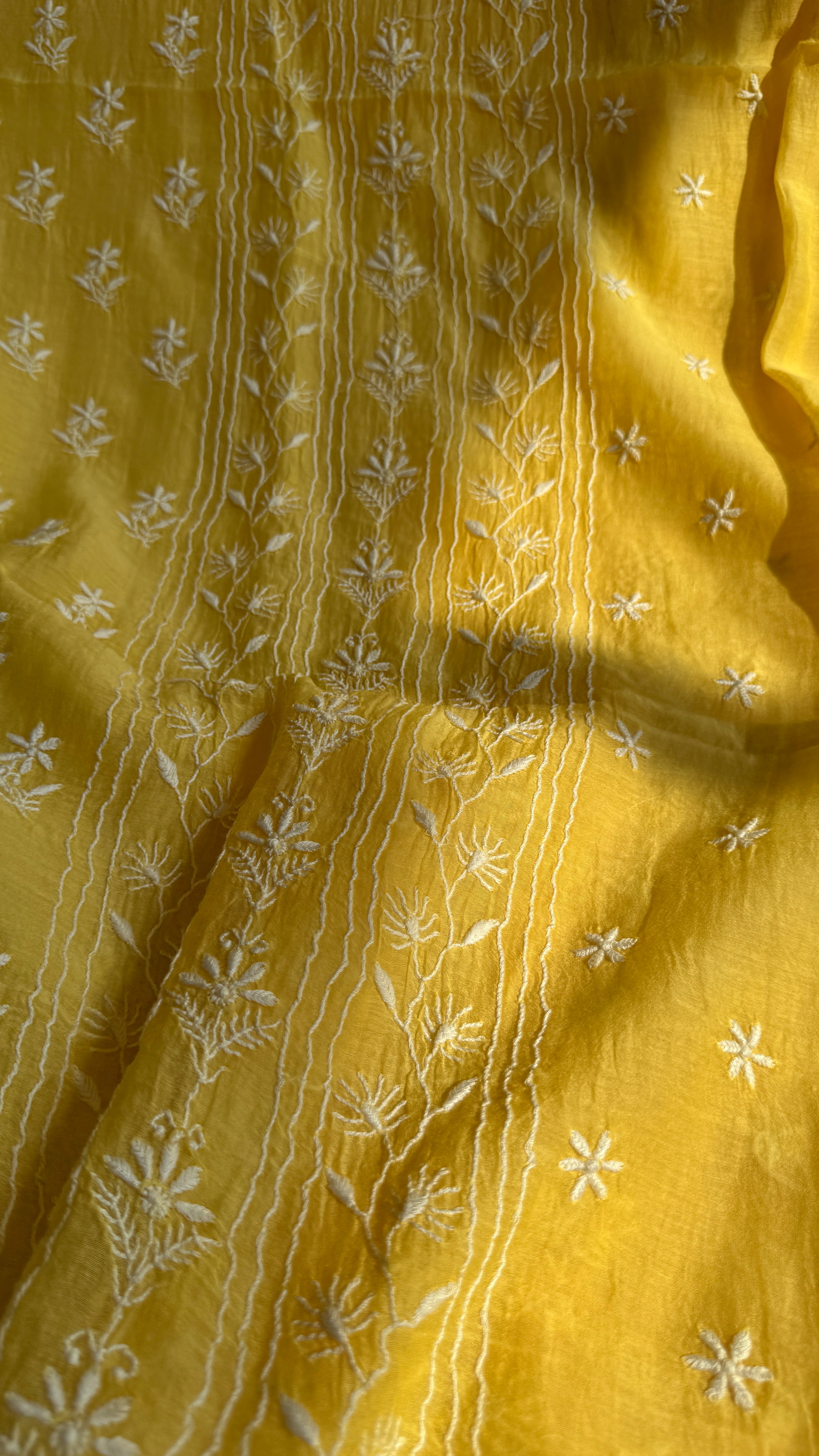 Mul Chanderi Chikankari Unstitched Length with Dupatta - Yellow