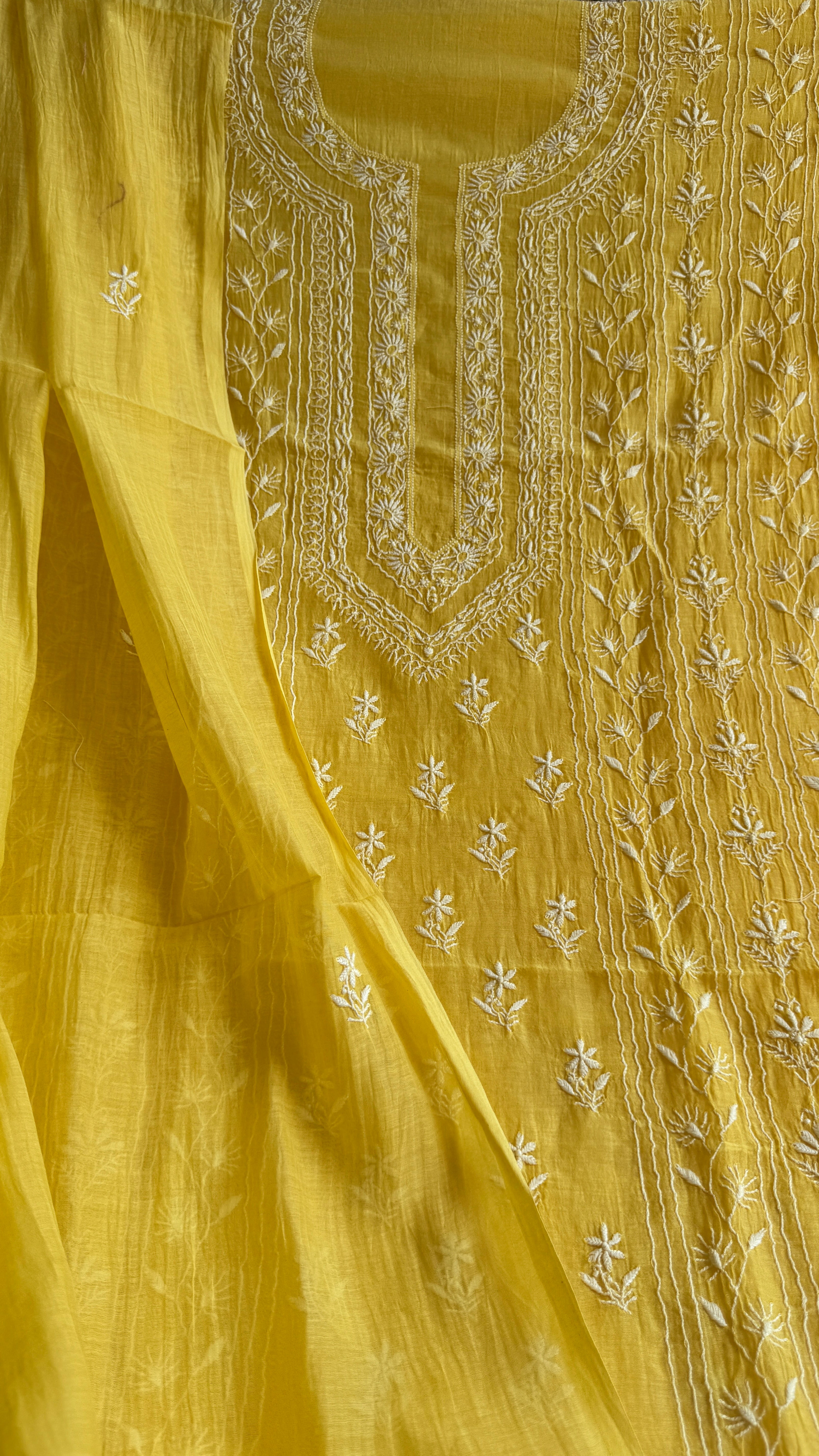 Mul Chanderi Chikankari Unstitched Length with Dupatta - Yellow