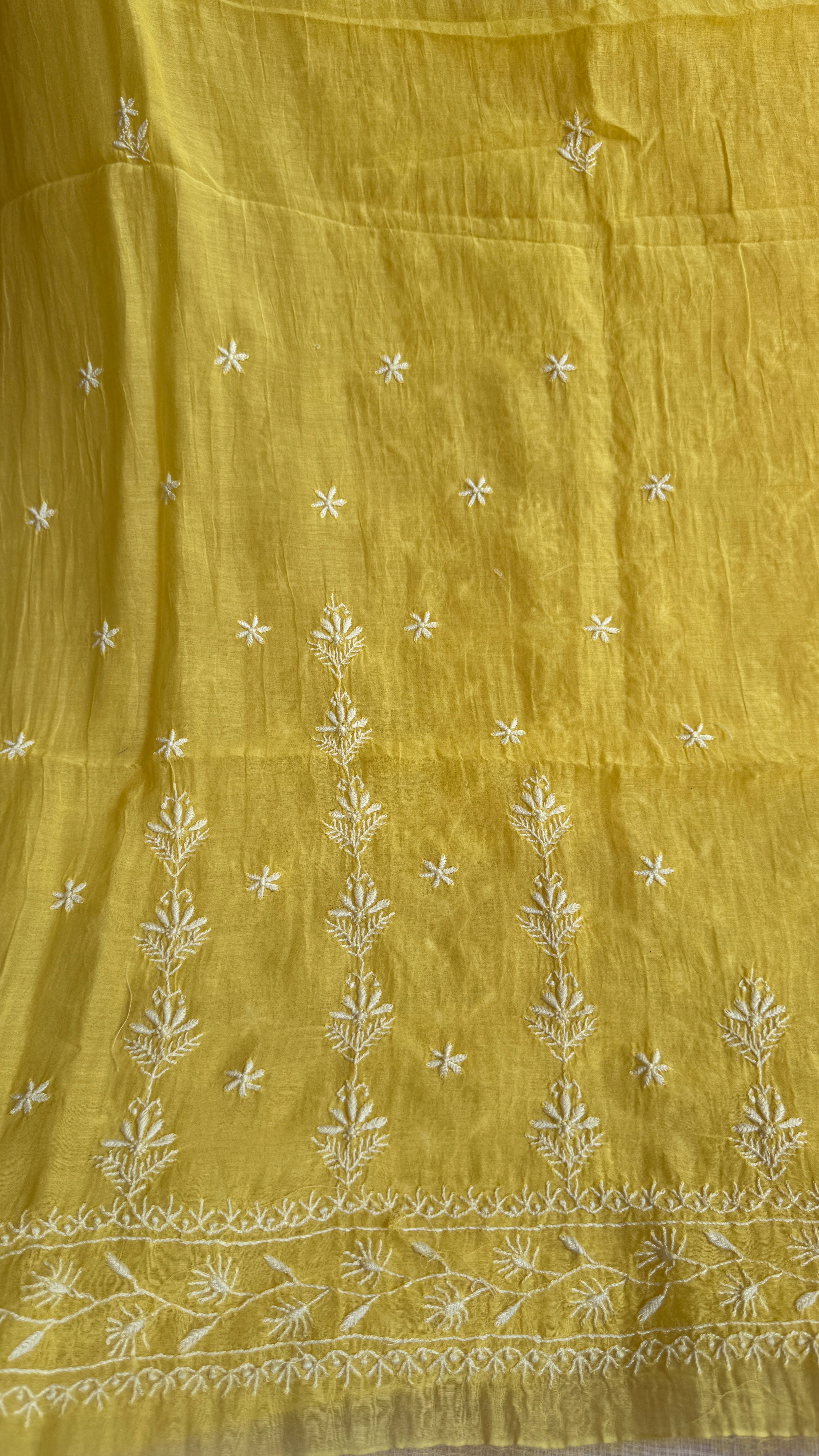 Mul Chanderi Chikankari Unstitched Length with Dupatta - Yellow