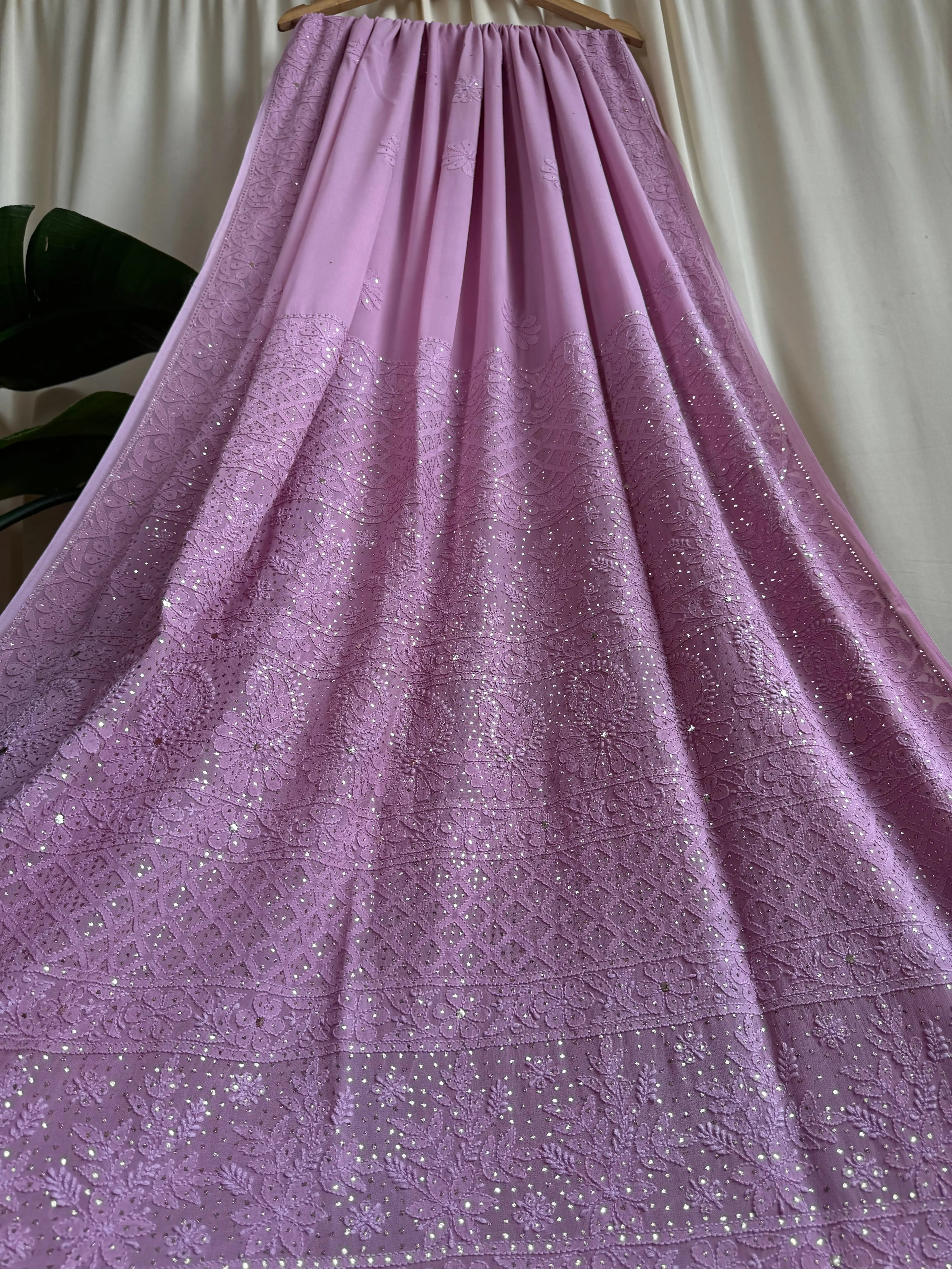 Viscose Lilac Chikankari saree with Mukaish Work ARIAA CHIKANKARI 