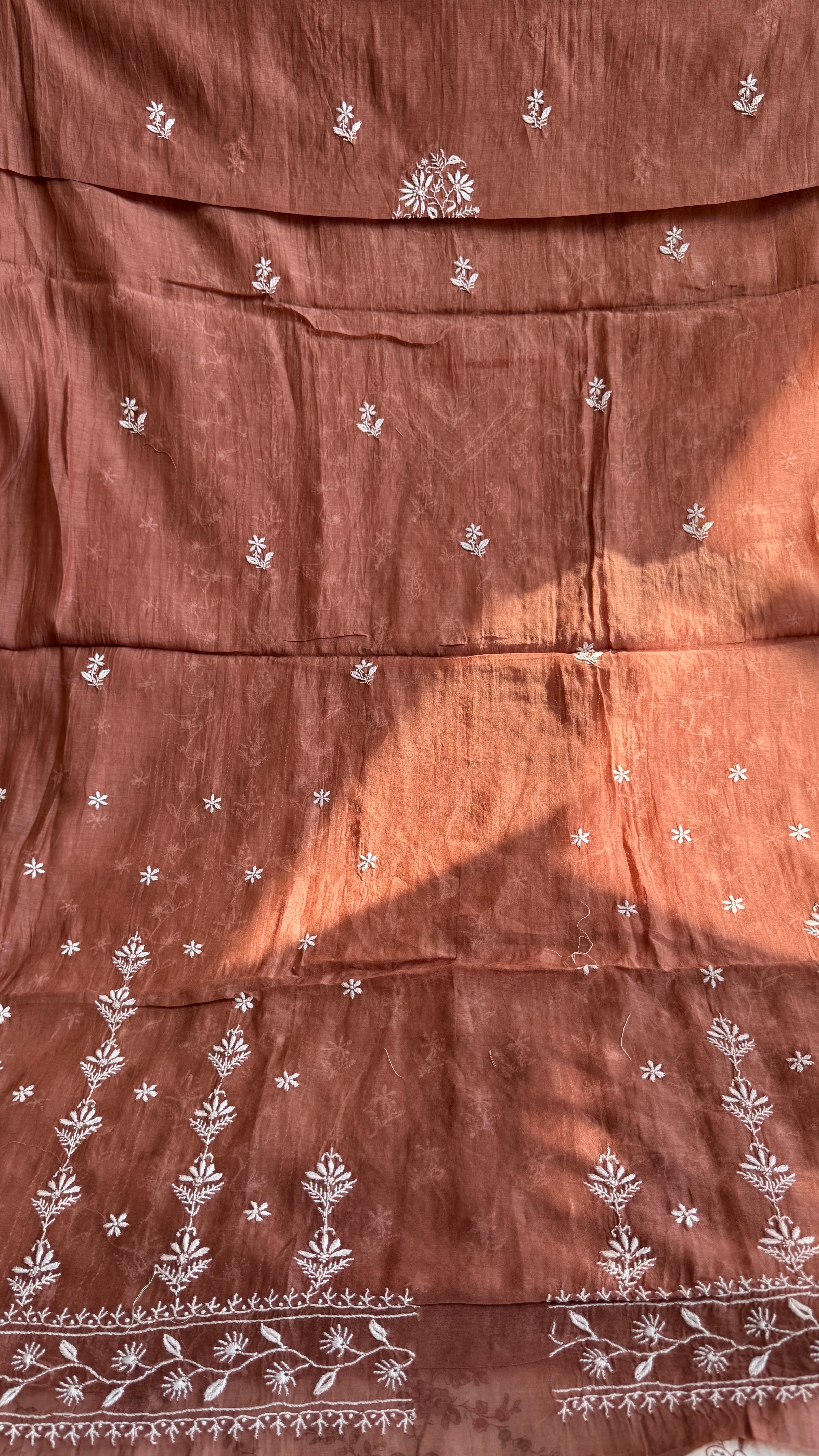 Mul Chanderi Chikankari Unstitched Length with Dupatta - Brick Brown