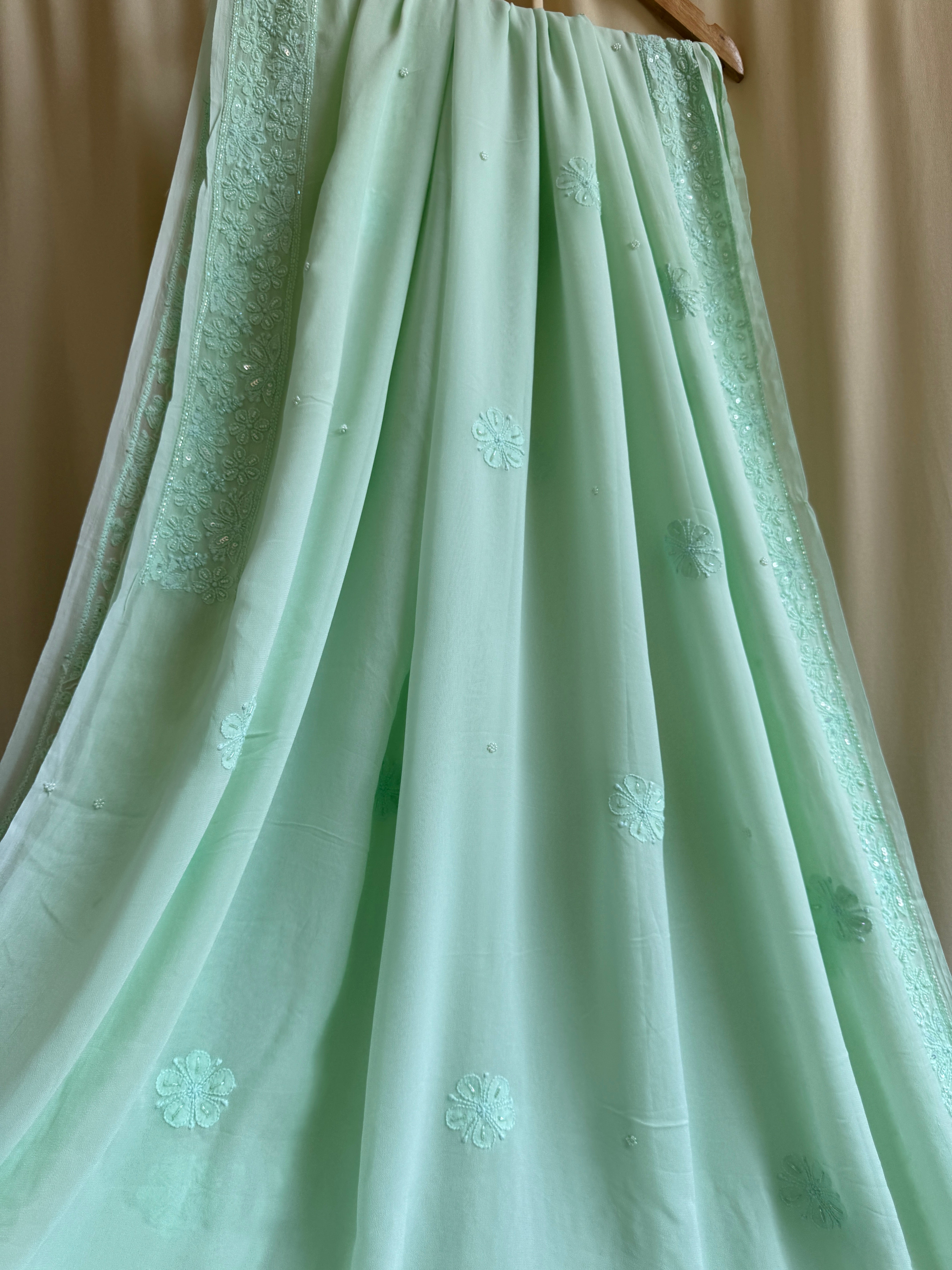 Green Chikankari saree with Pearl embellishments