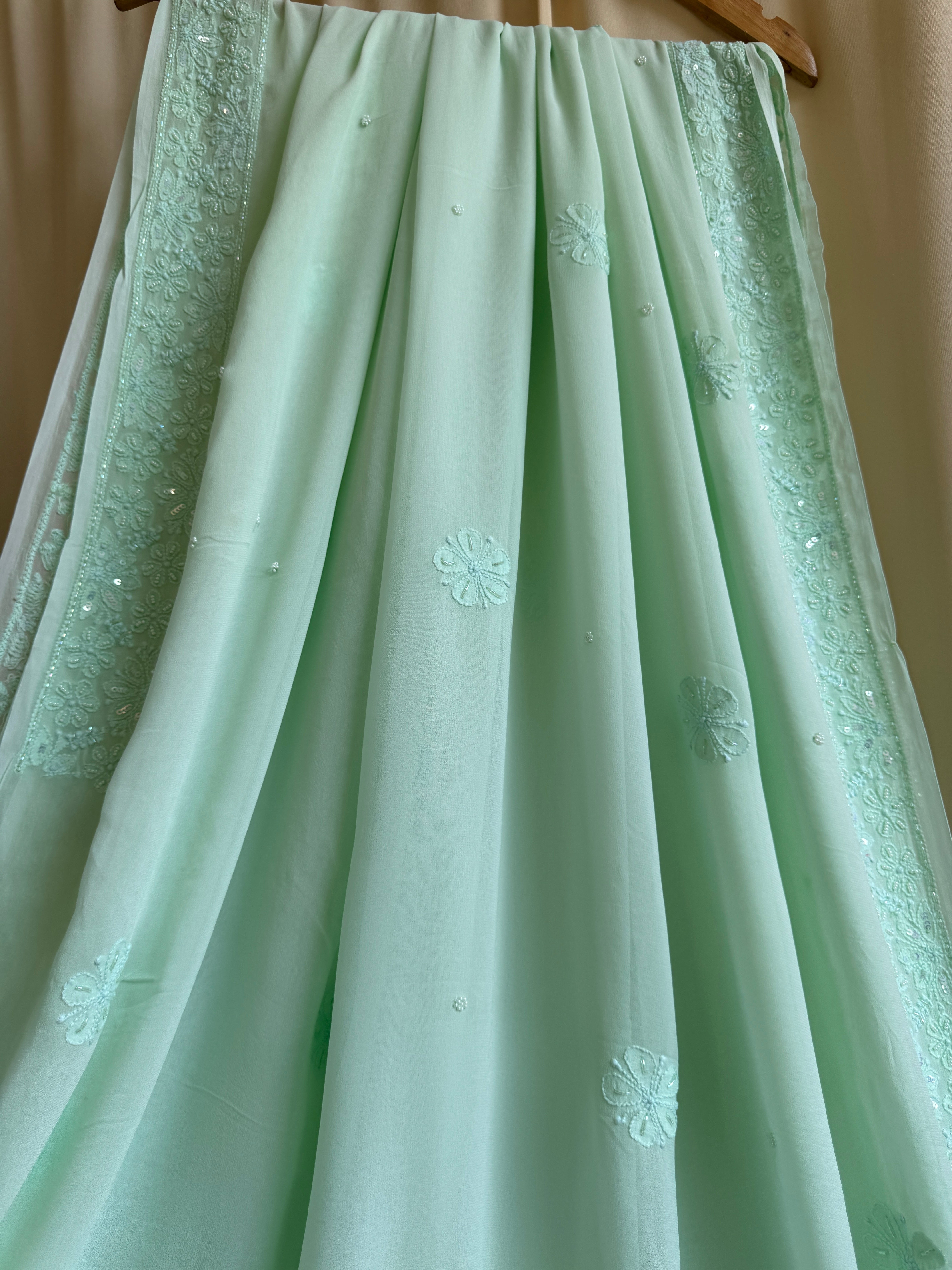 Green Chikankari saree with Pearl embellishments