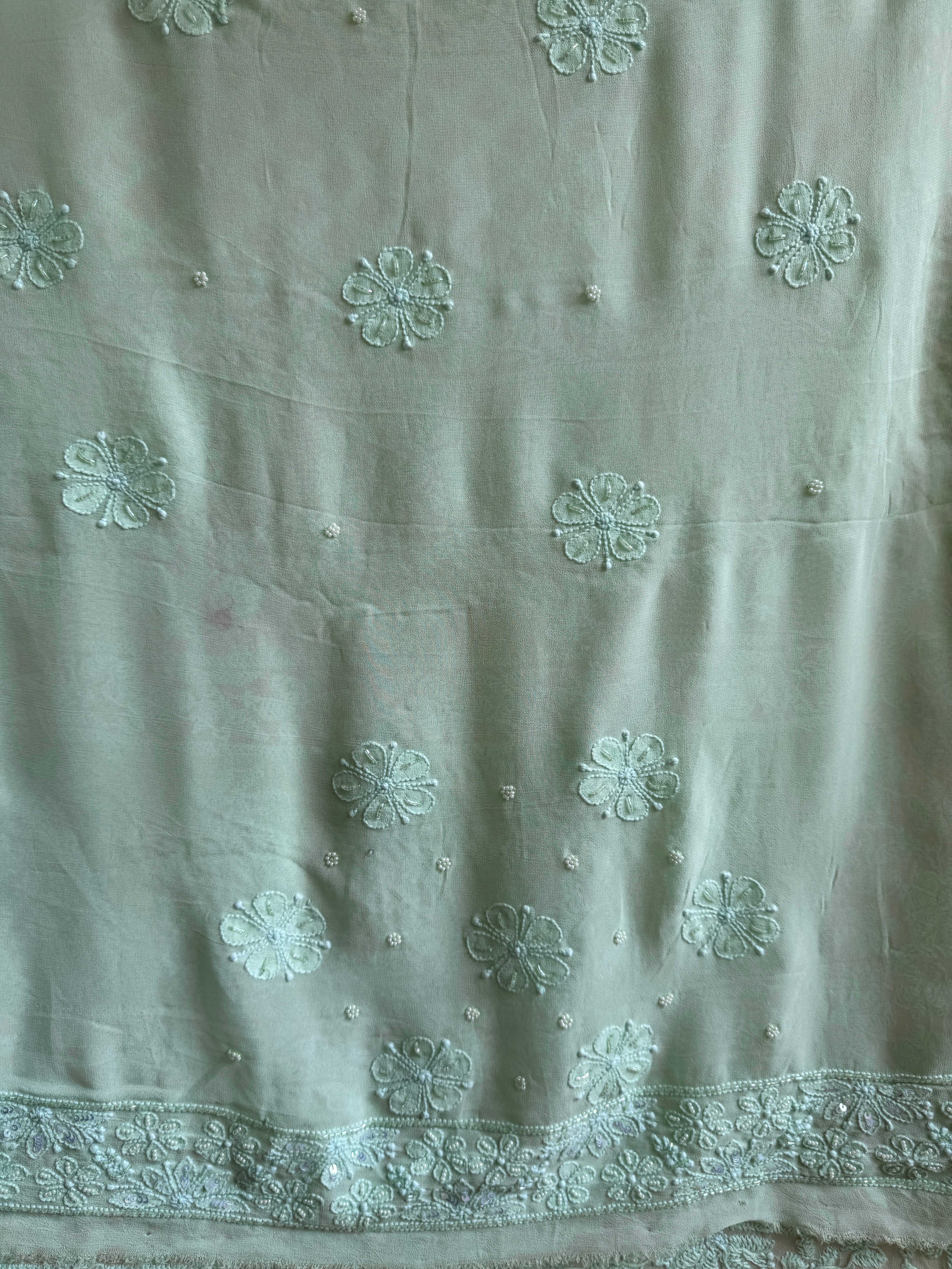 Green Chikankari saree with Pearl embellishments