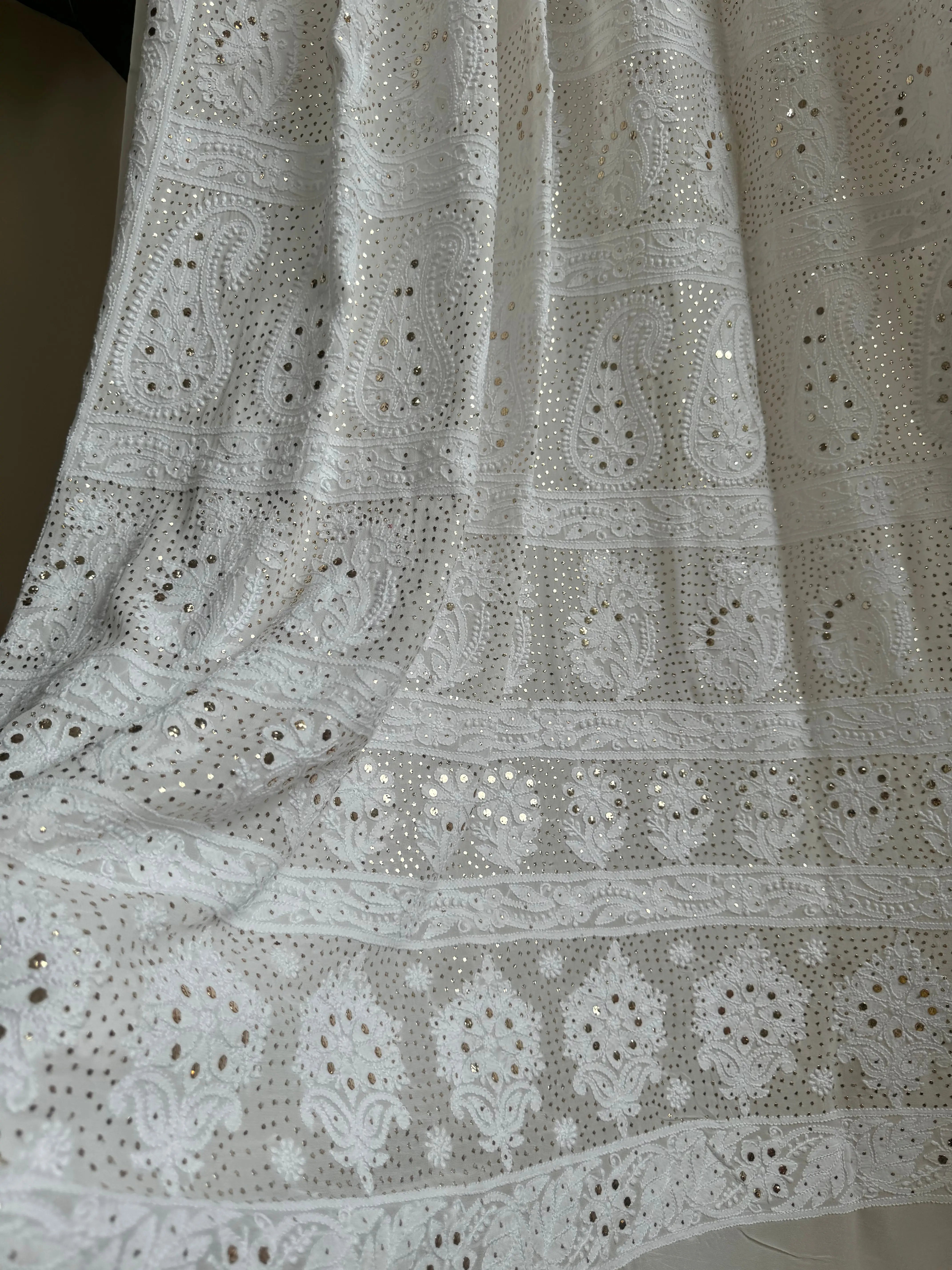 Viscose White Chikankari saree with Mukaish Work ARIAA CHIKANKARI 