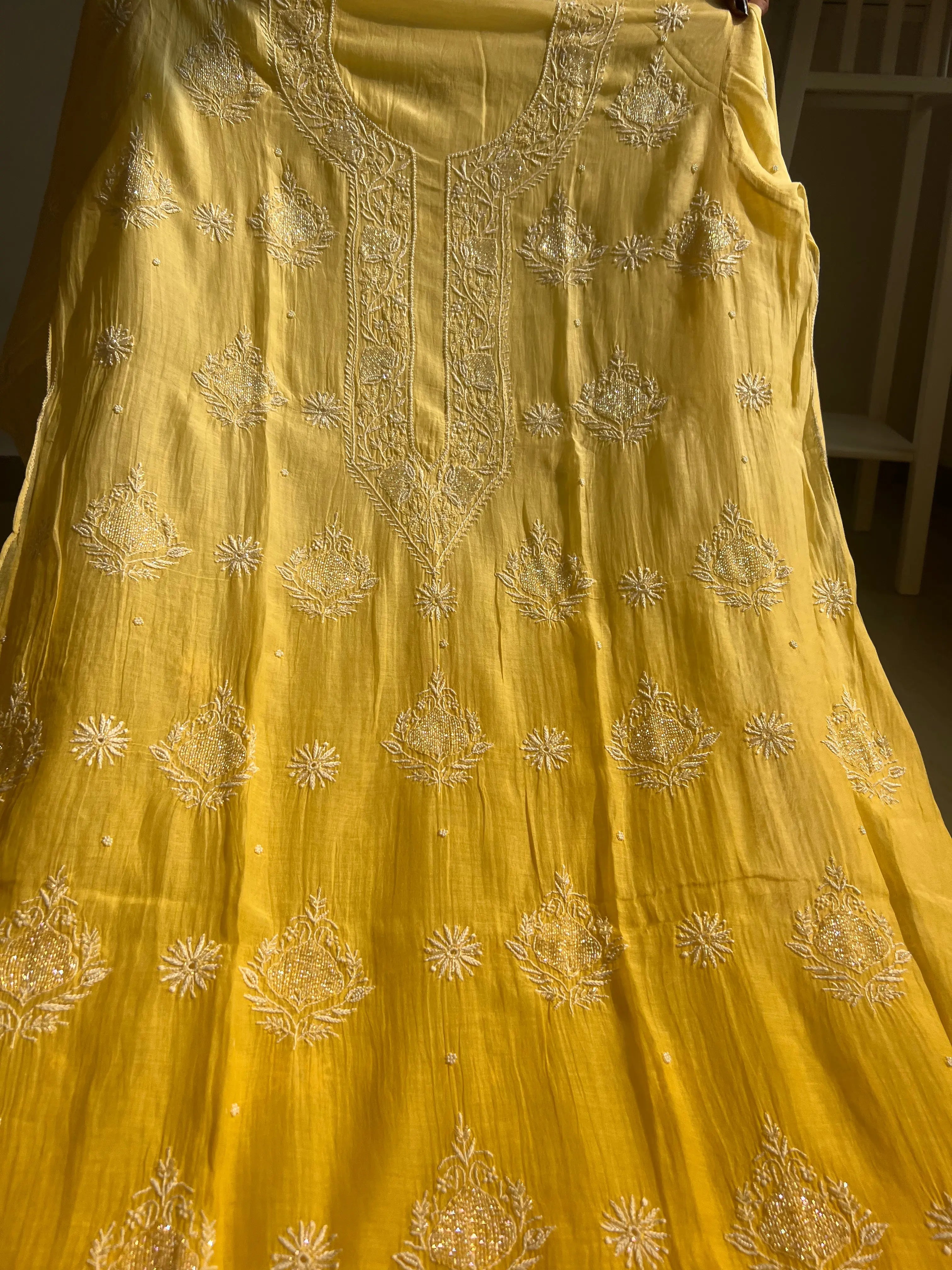 Mul Chanderi Chikankari Anarkali - Yellow ARIAA CHIKANKARI 