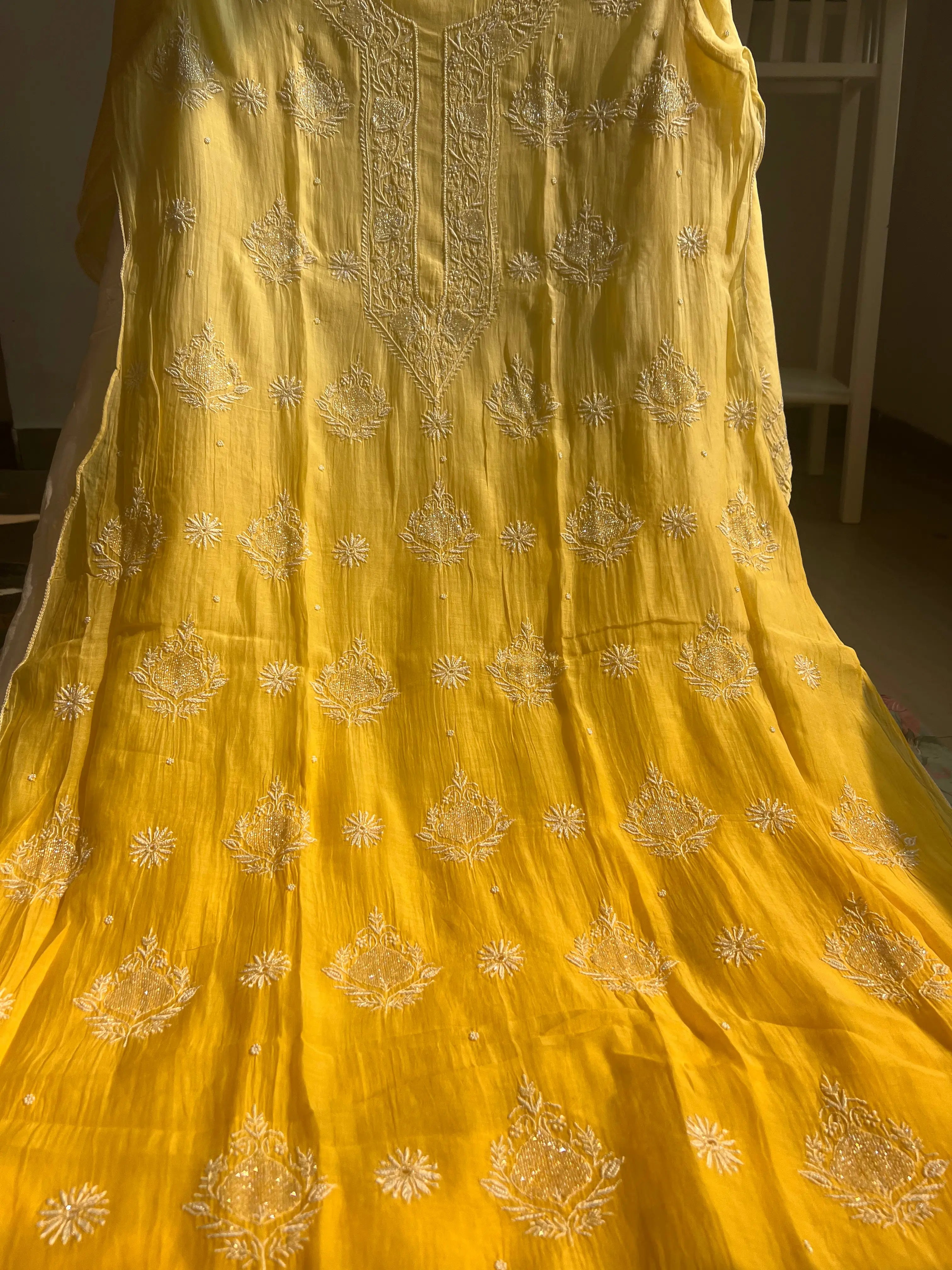 Mul Chanderi Chikankari Anarkali - Yellow ARIAA CHIKANKARI 