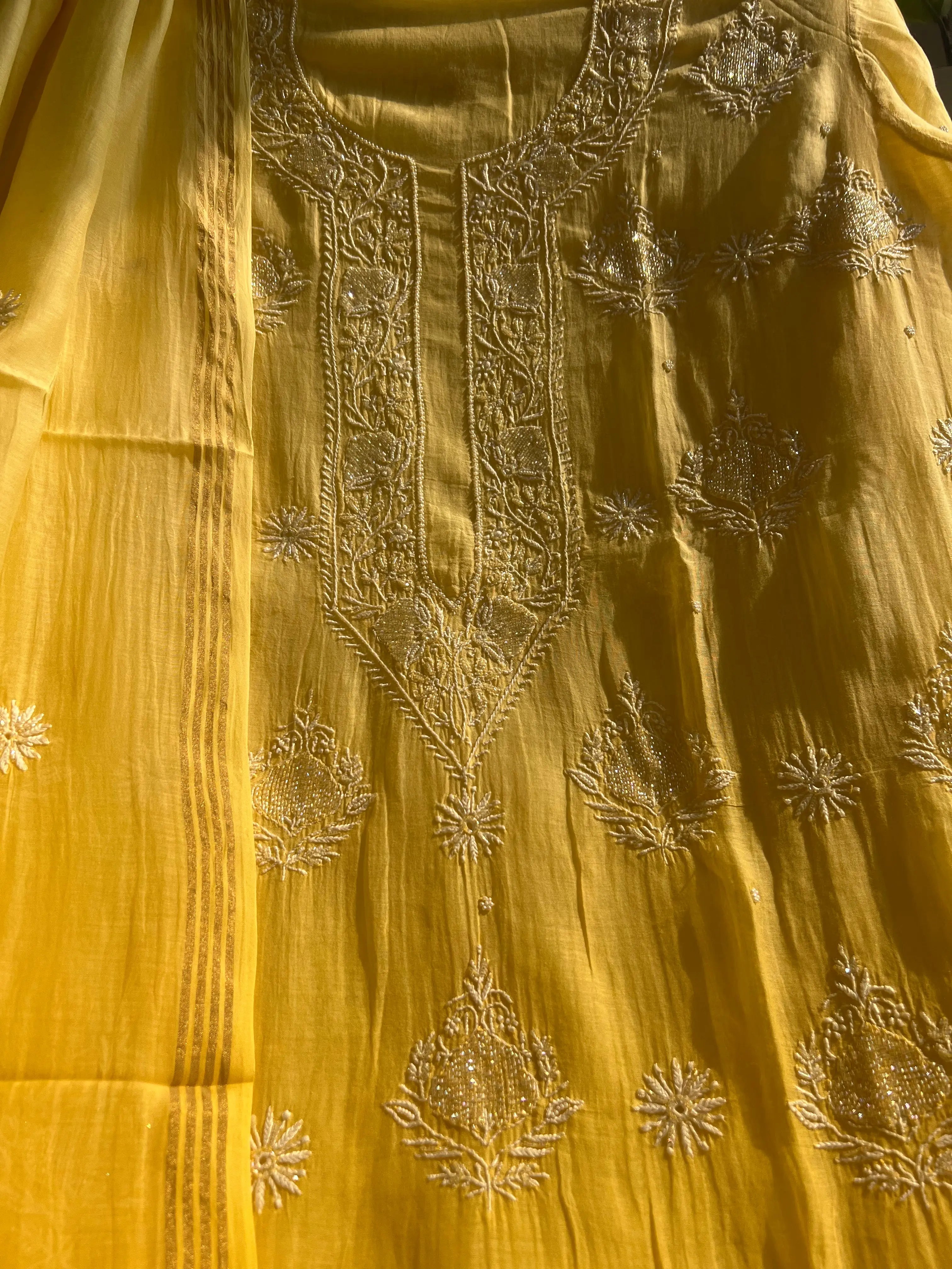 Mul Chanderi Chikankari Anarkali - Yellow ARIAA CHIKANKARI 